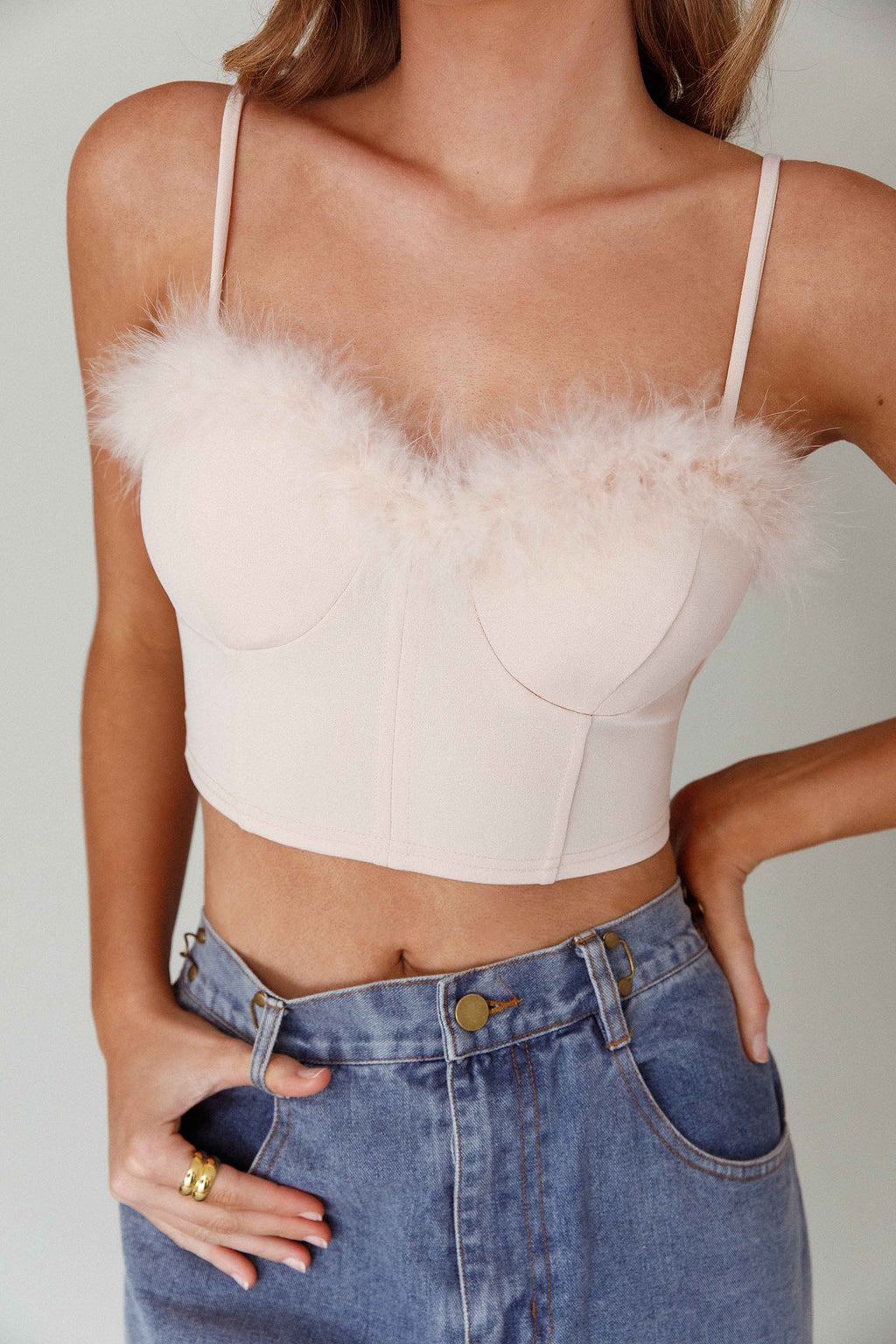 Jovi Feather-Trim Crop Top Nude by Selfie Leslie Australia