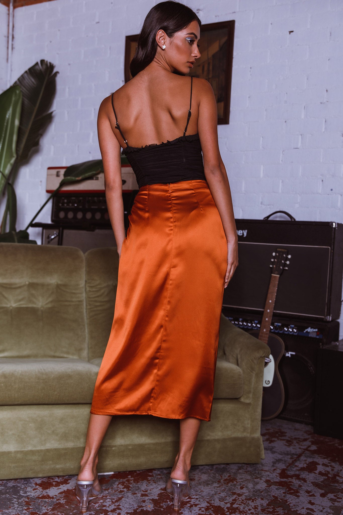 On The Money Gathered Midi Skirt Camel by Selfie Leslie