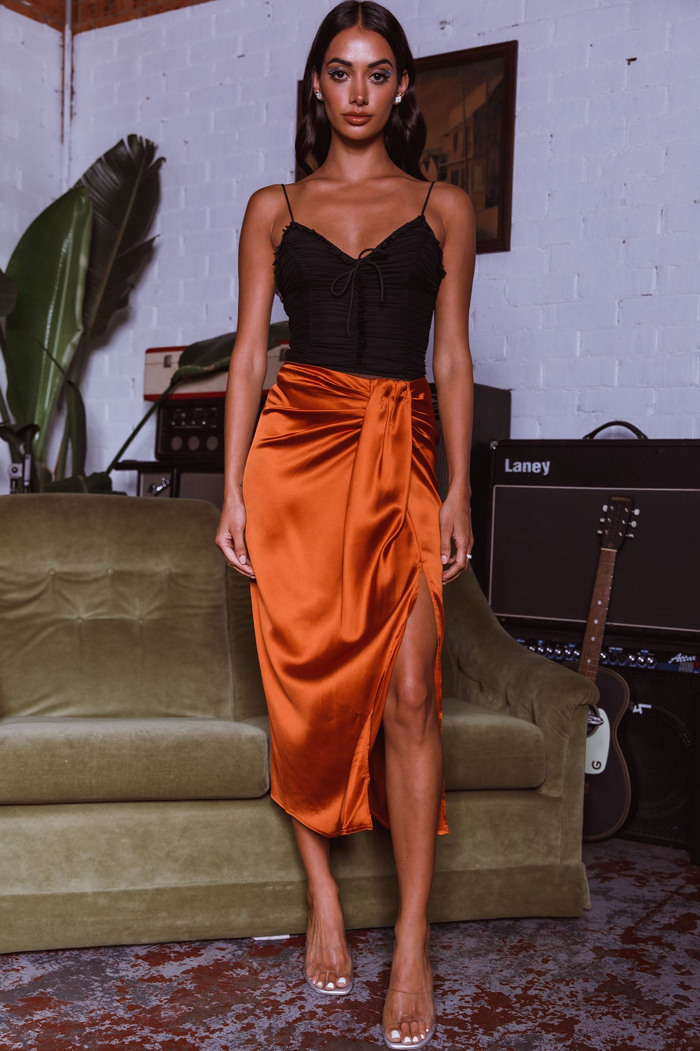 On The Money Gathered Midi Skirt Camel by Selfie Leslie