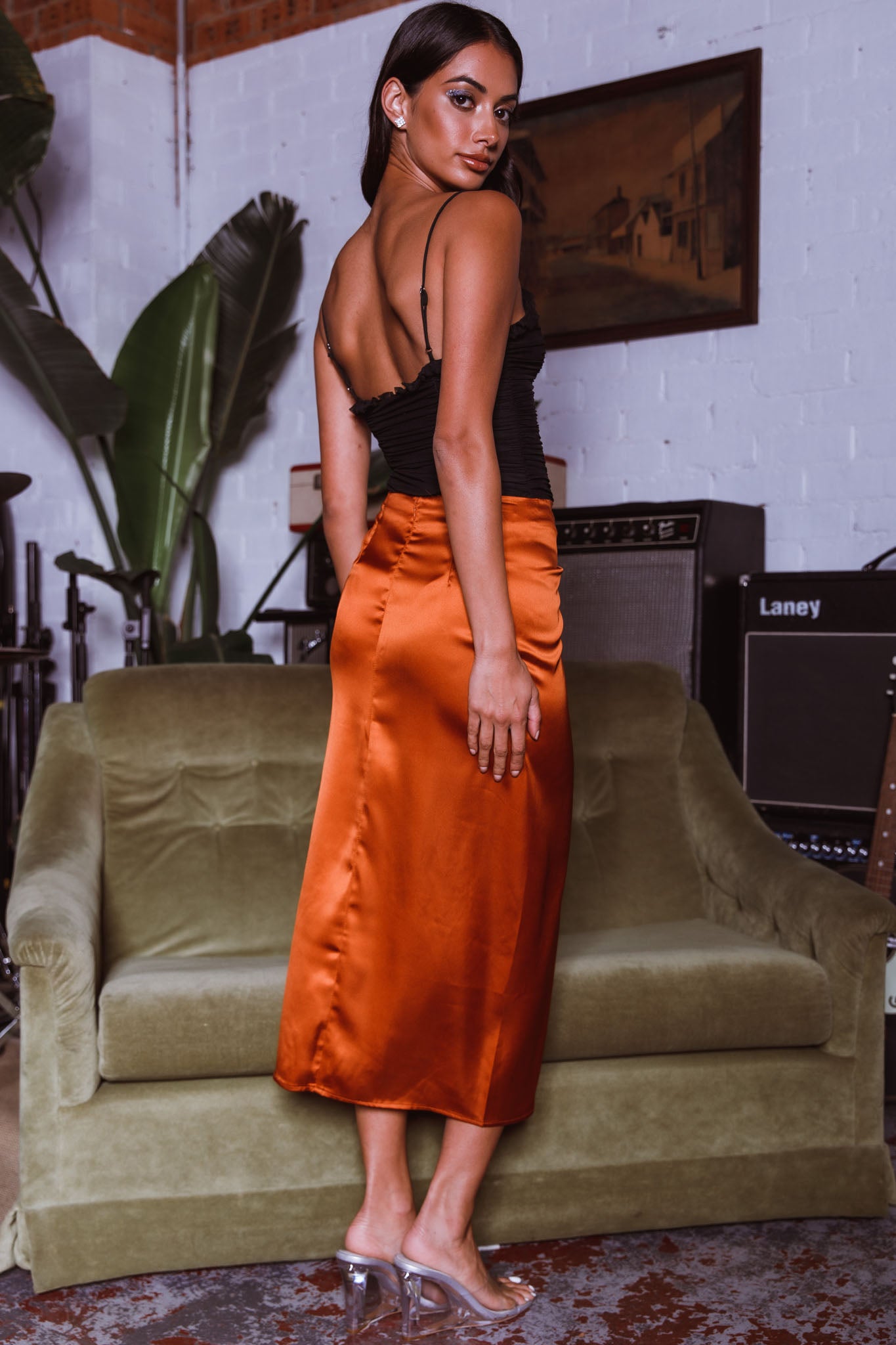 On The Money Gathered Midi Skirt Camel by Selfie Leslie