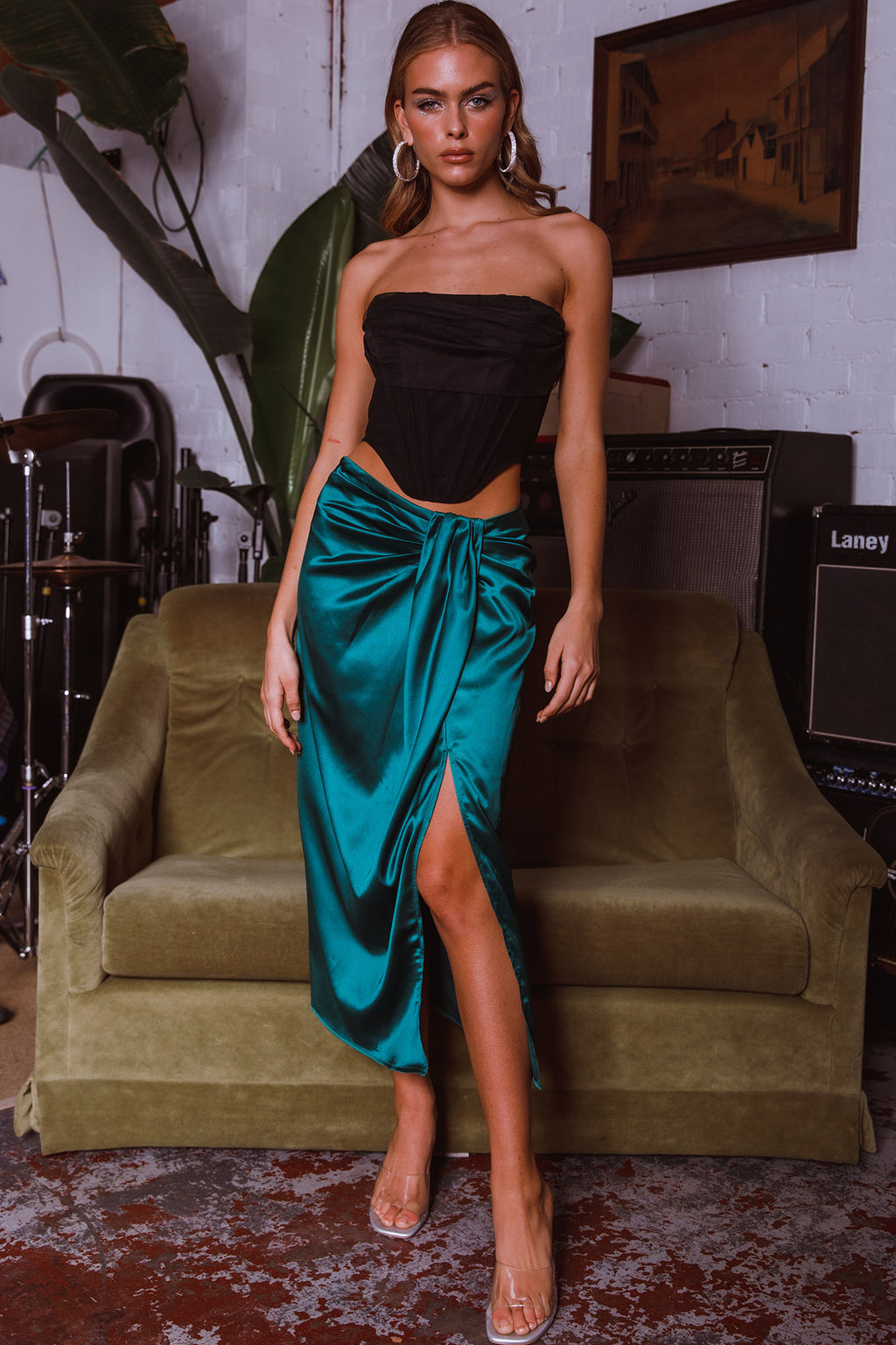 On The Money Gathered Midi Skirt Green by Selfie Leslie