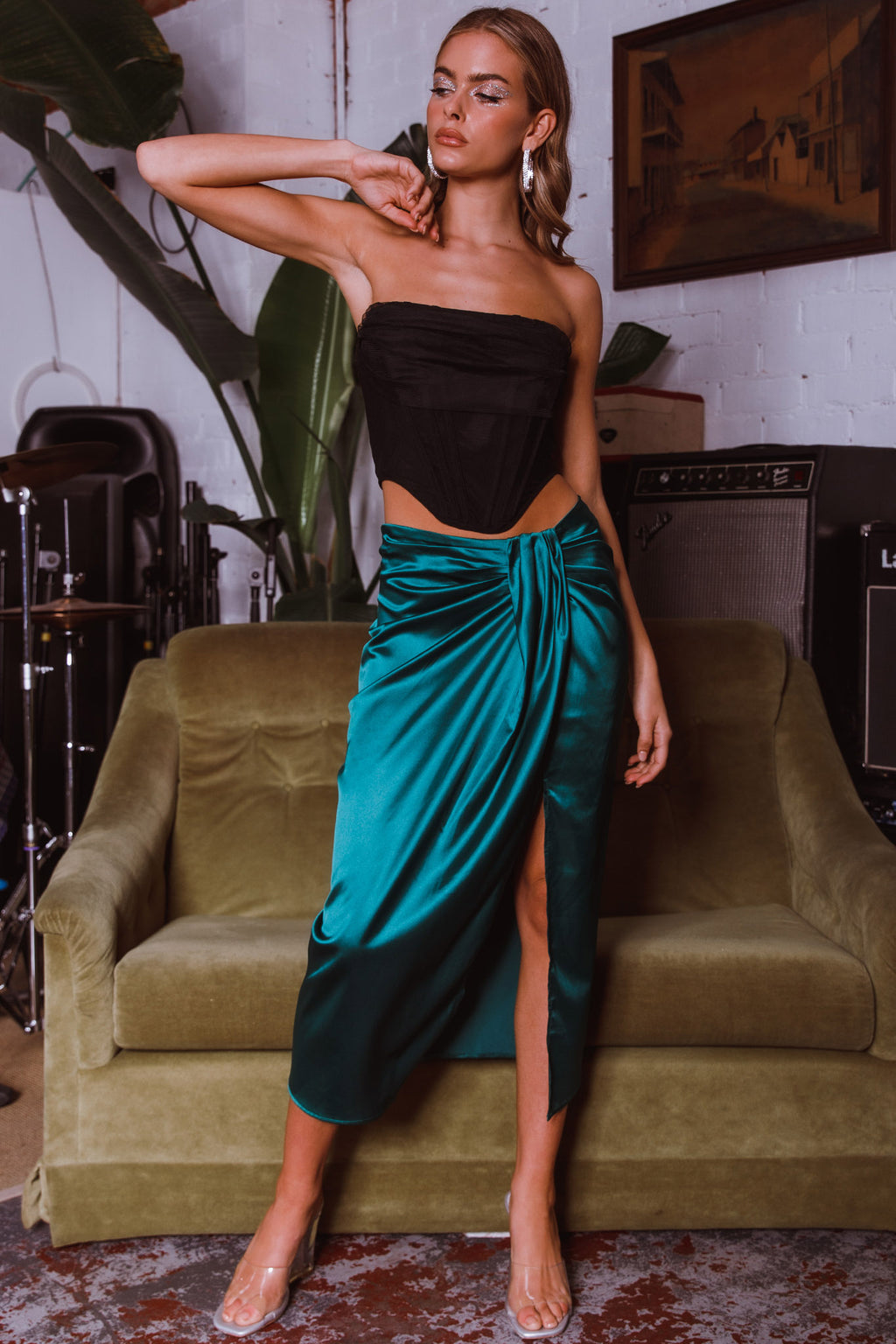 On The Money Gathered Midi Skirt Green by Selfie Leslie