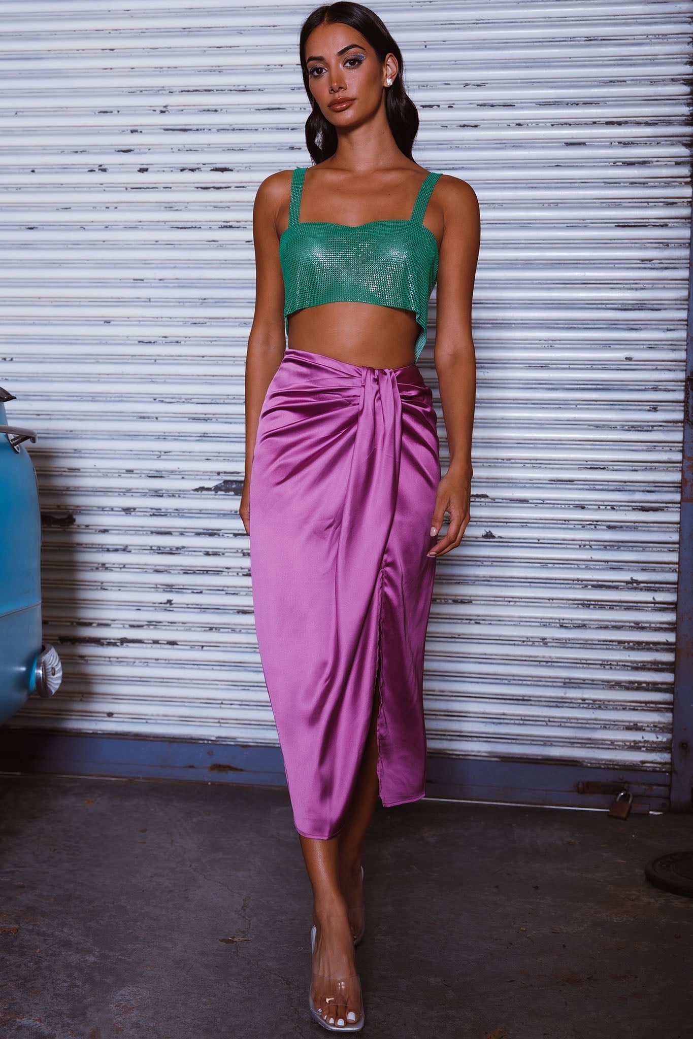 On The Money Gathered Midi Skirt Orchid by Selfie Leslie