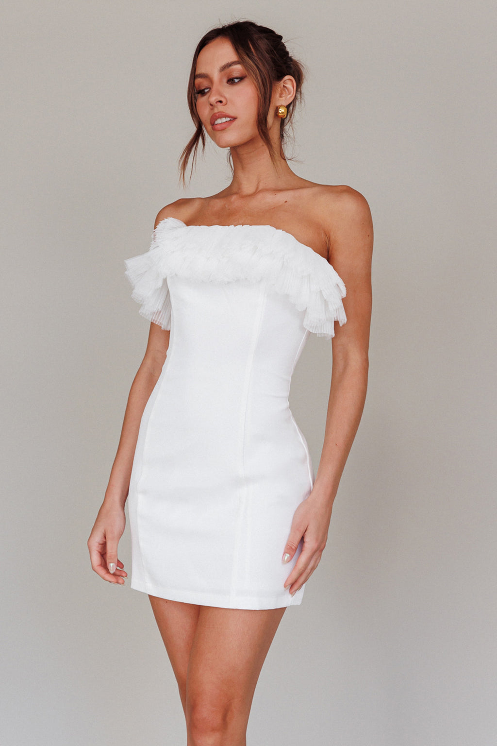 Elara Frill Neckline Mini Dress Off White by Selfie Leslie Australia