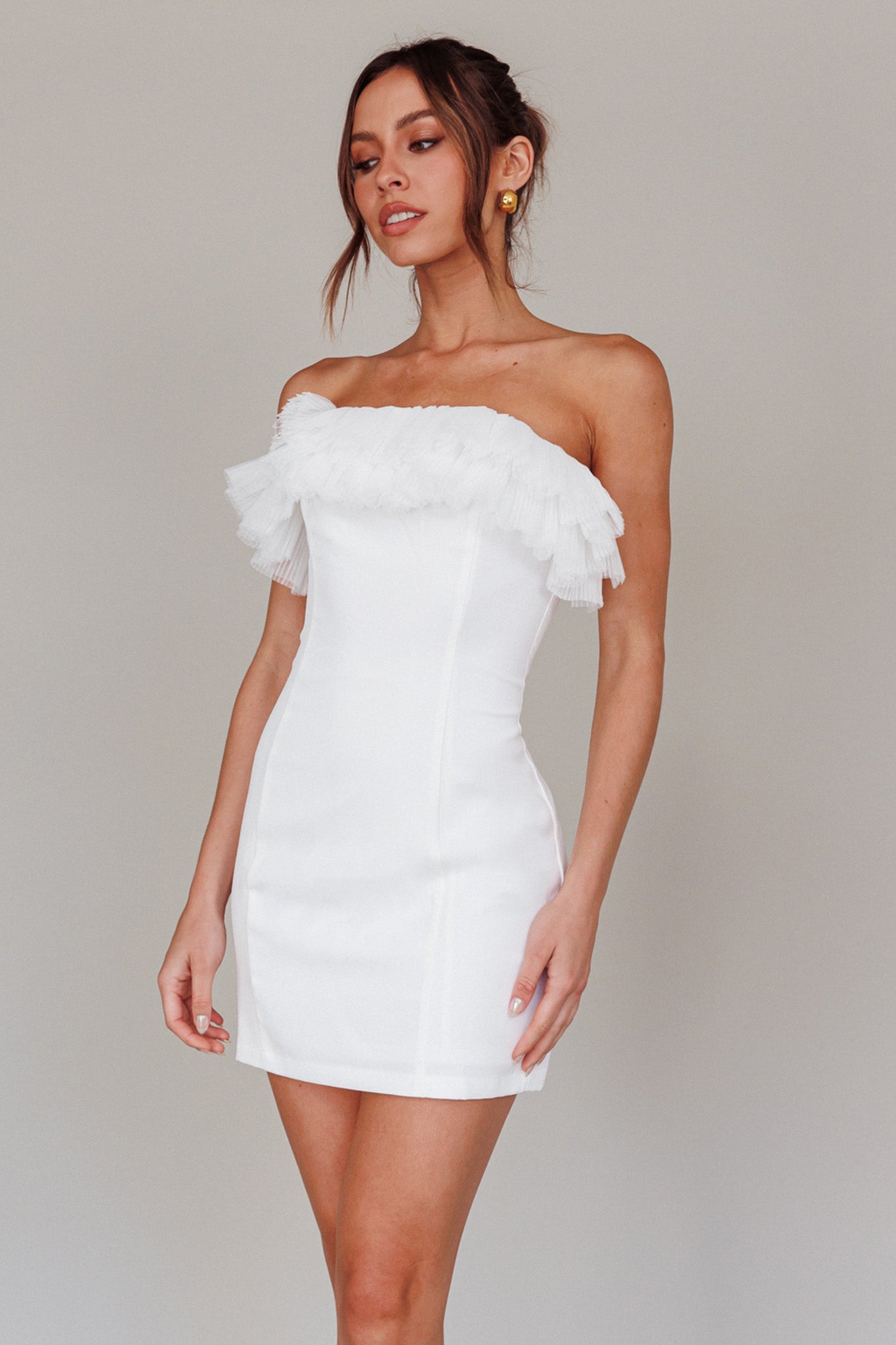 Elara Frill Neckline Mini Dress Off White by Selfie Leslie Australia