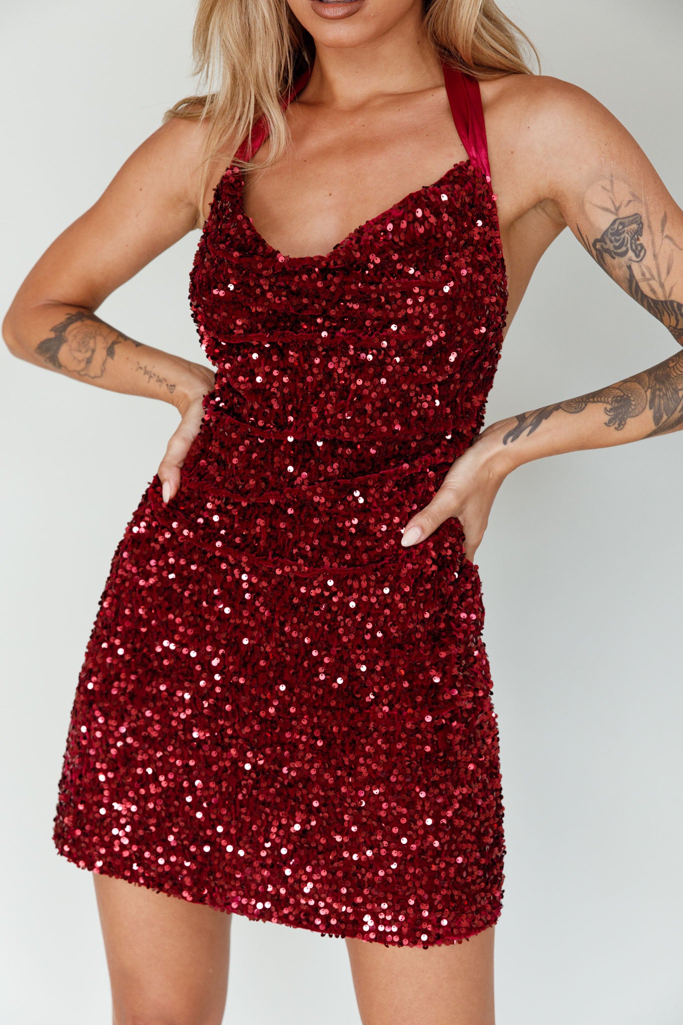 Star Lights Halterneck Mini Dress Sequin Merlot by Selfie Leslie Australia