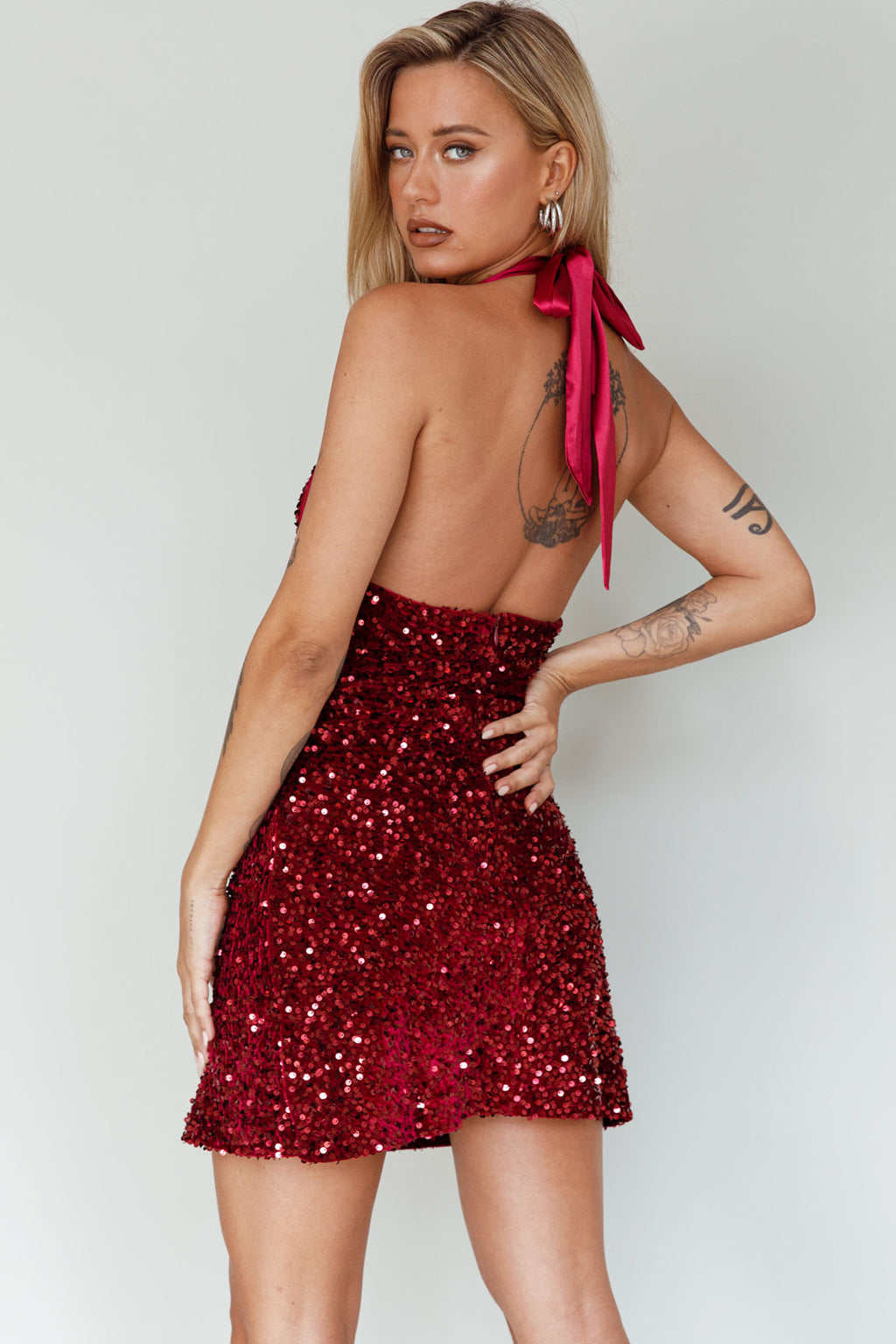 Star Lights Halterneck Mini Dress Sequin Merlot by Selfie Leslie Australia