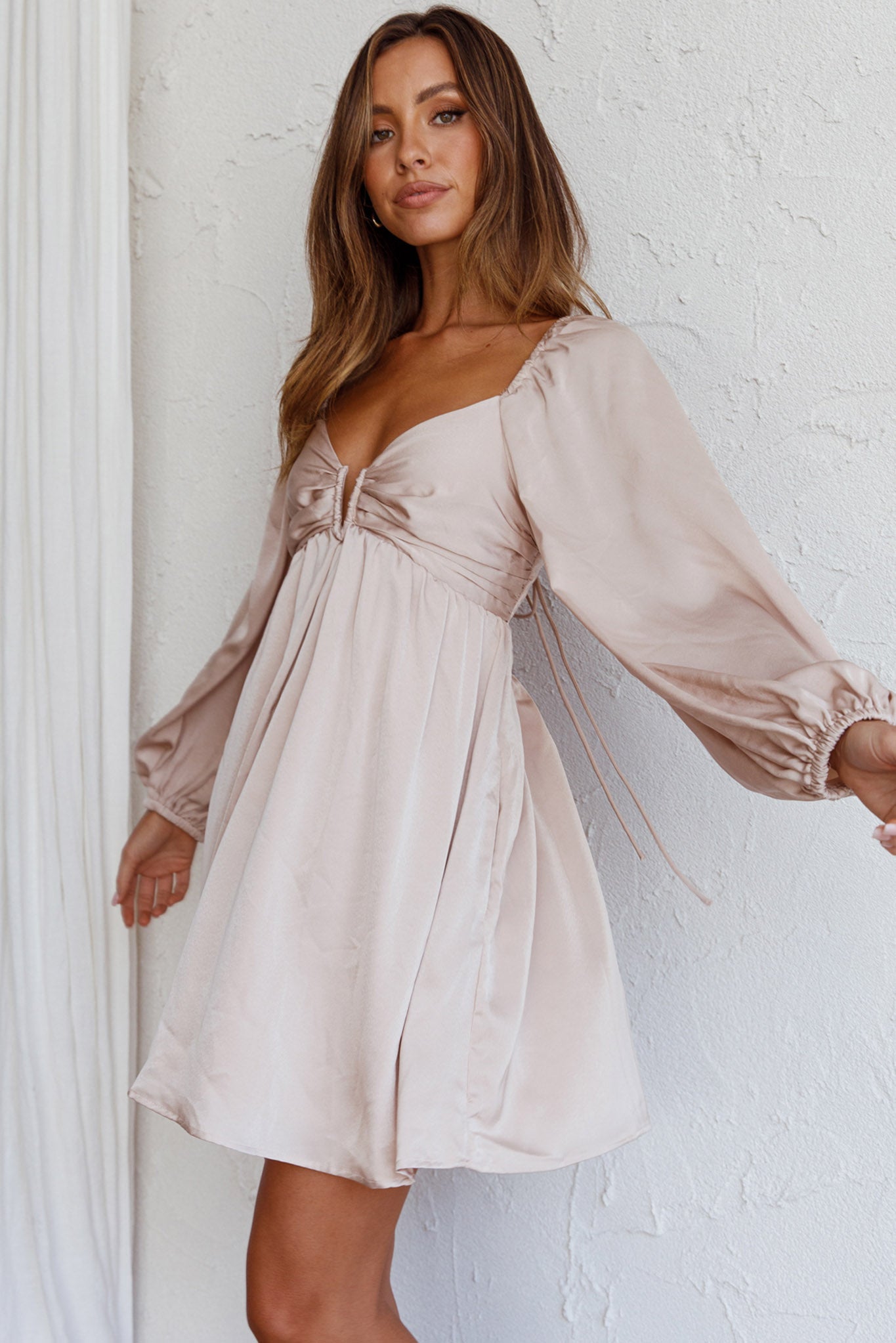 Tansy Long Sleeve Babydoll Dress Beige by Selfie Leslie Australia