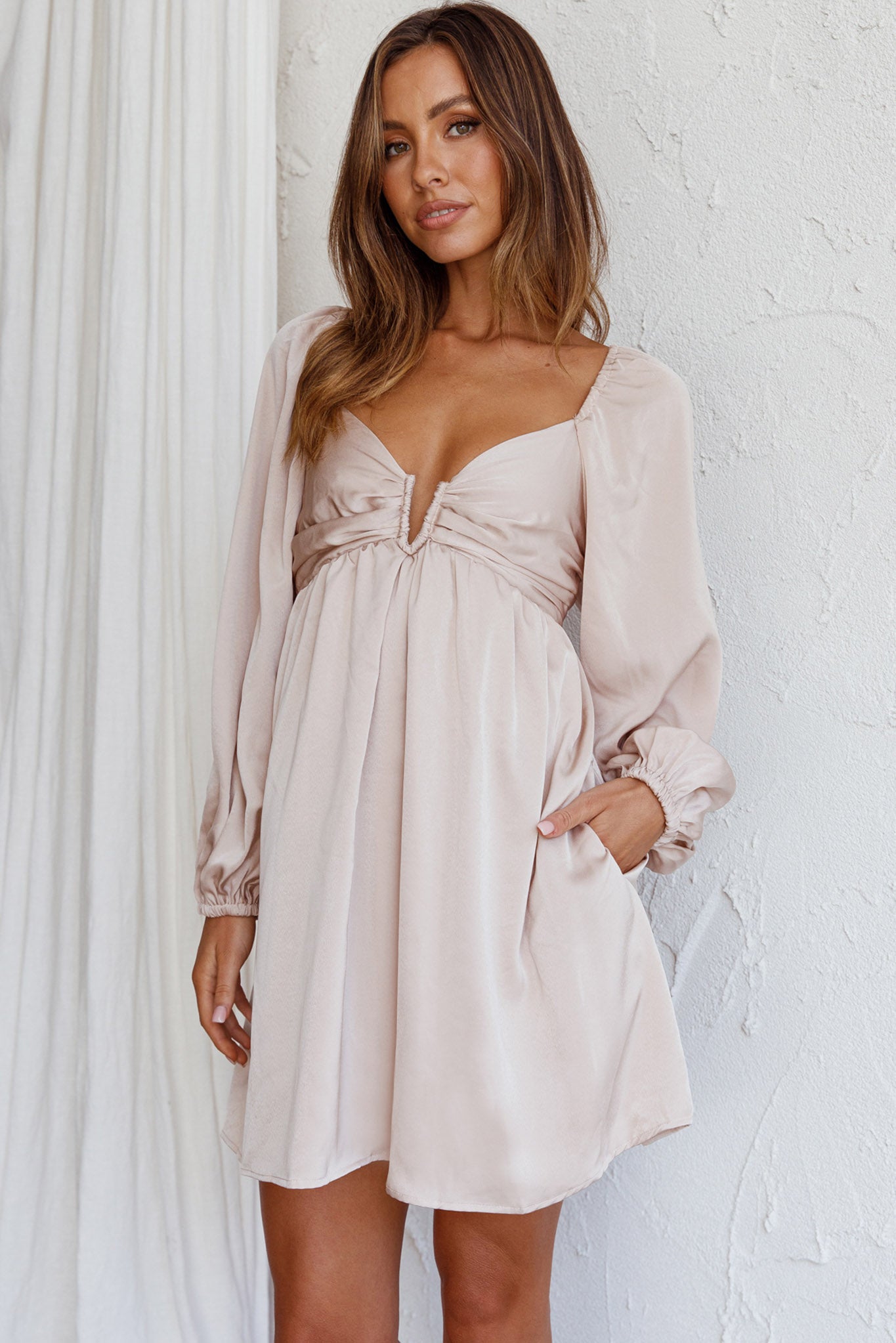 Tansy Long Sleeve Babydoll Dress Beige by Selfie Leslie Australia