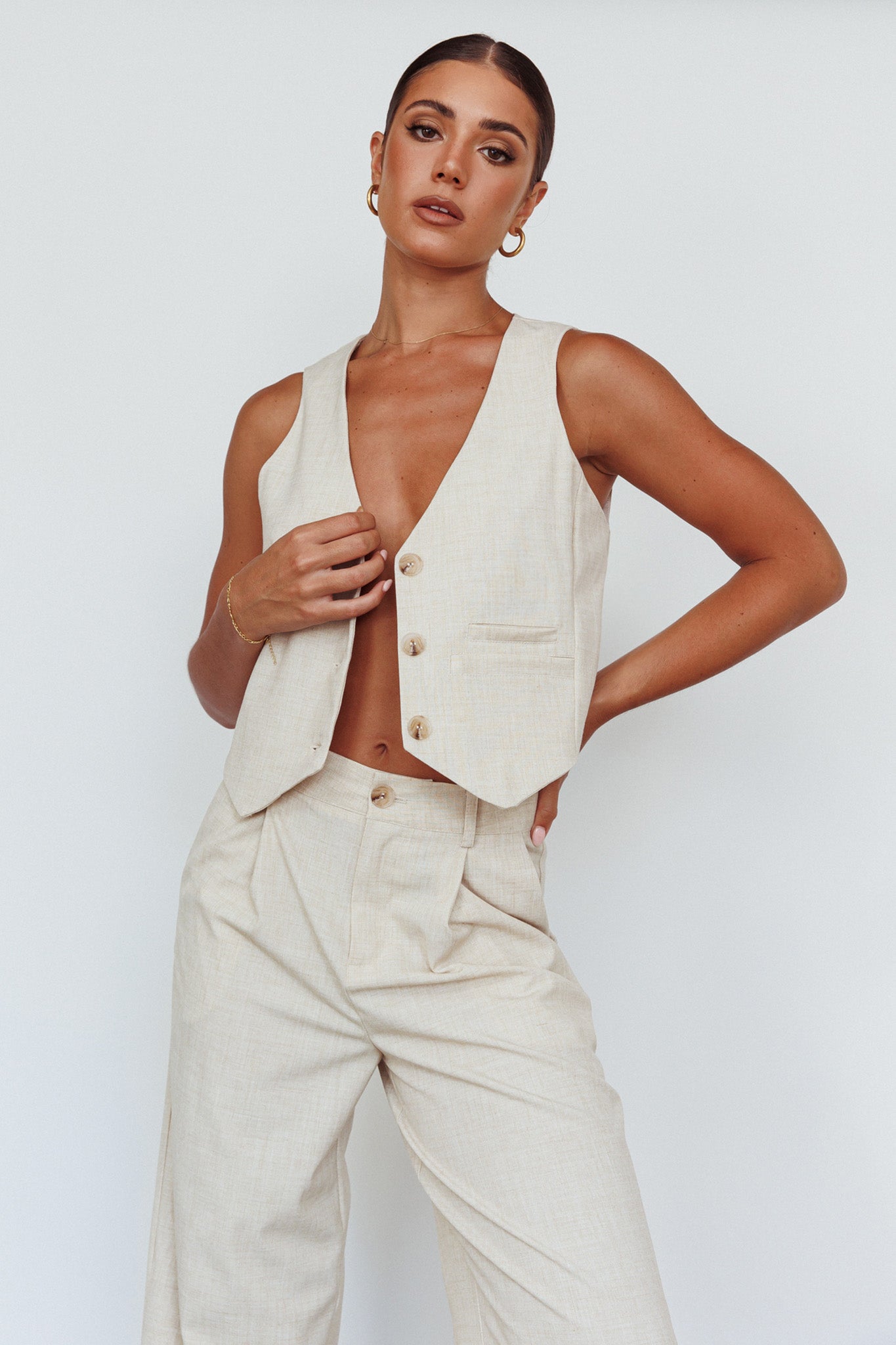 Times Square Buttoned Waistcoat Top Natural by Selfie Leslie Australia