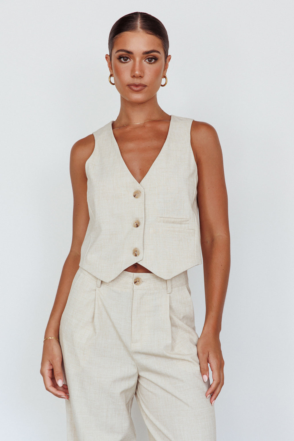 Times Square Buttoned Waistcoat Top Natural by Selfie Leslie Australia