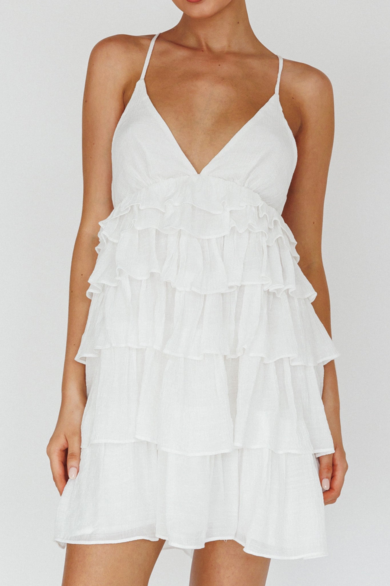 Dellia Tiered Ruffle Mini Dress Off White by Selfie Leslie Australia
