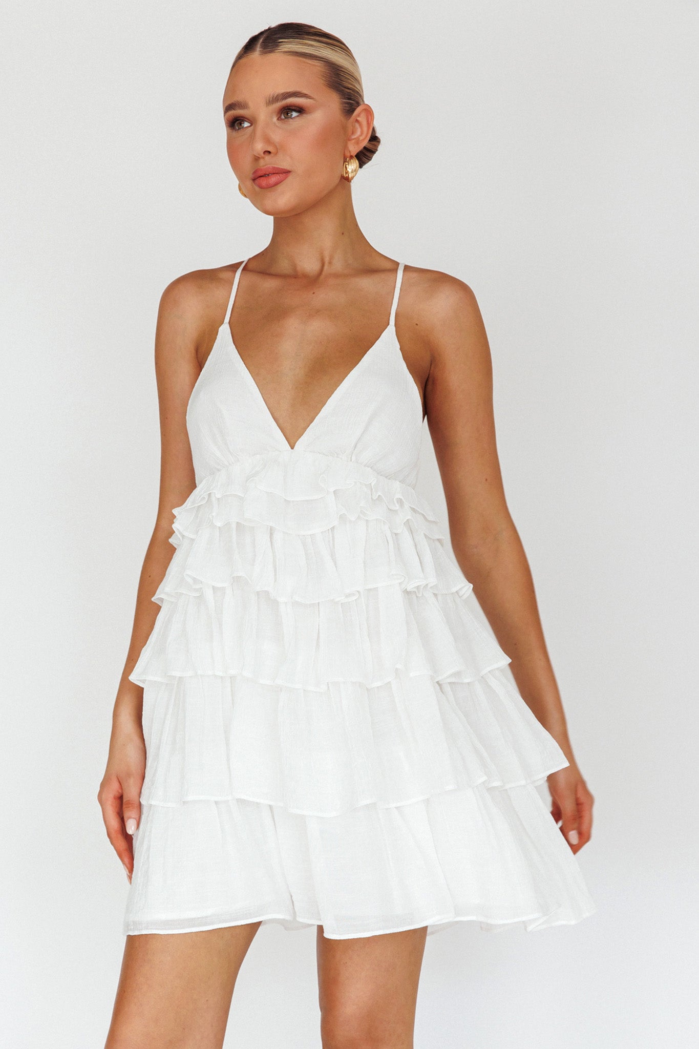 Dellia Tiered Ruffle Mini Dress Off White by Selfie Leslie Australia