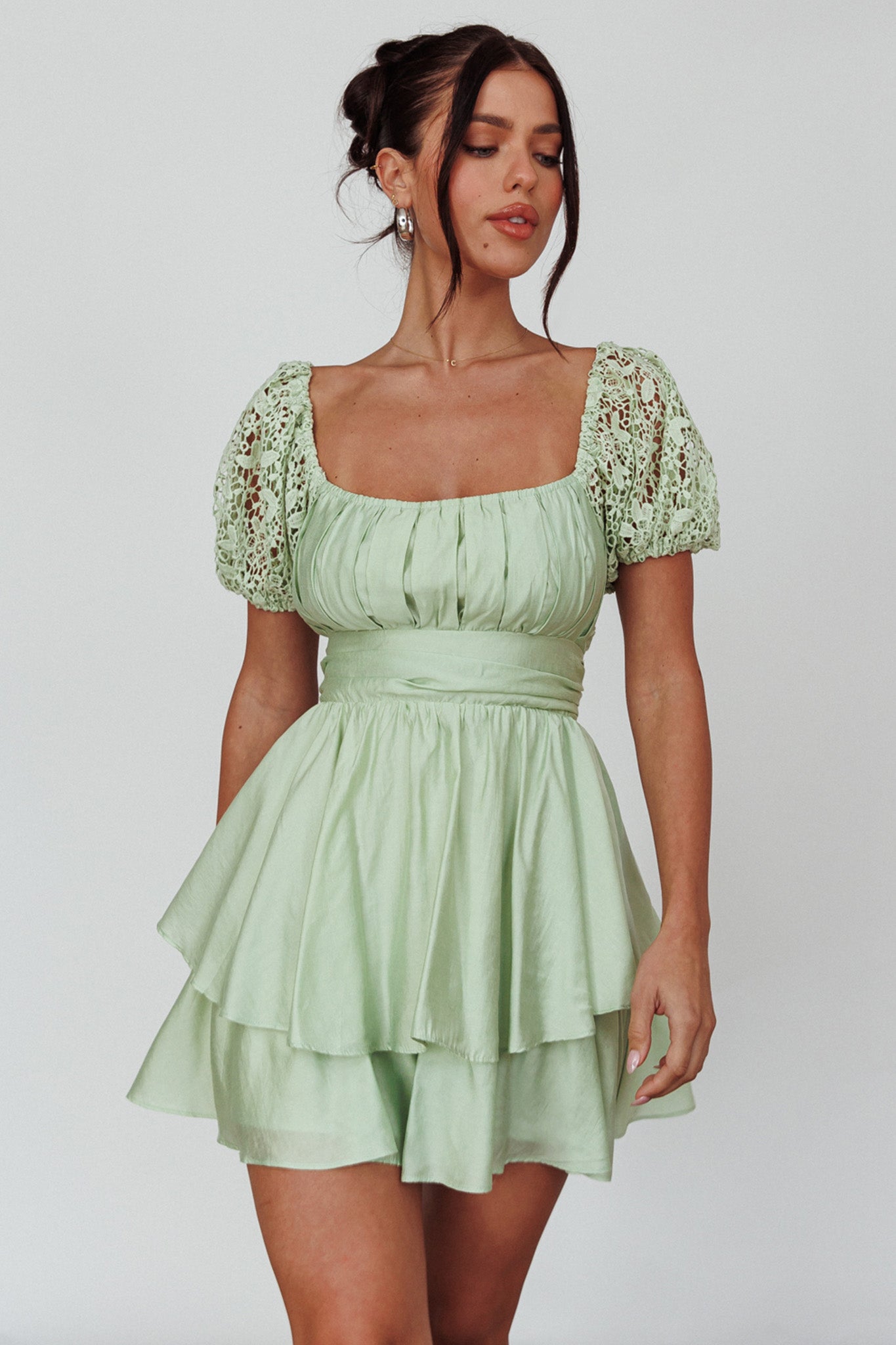 Hold My Halo Lace Sleeve Romper Sage by Selfie Leslie Australia