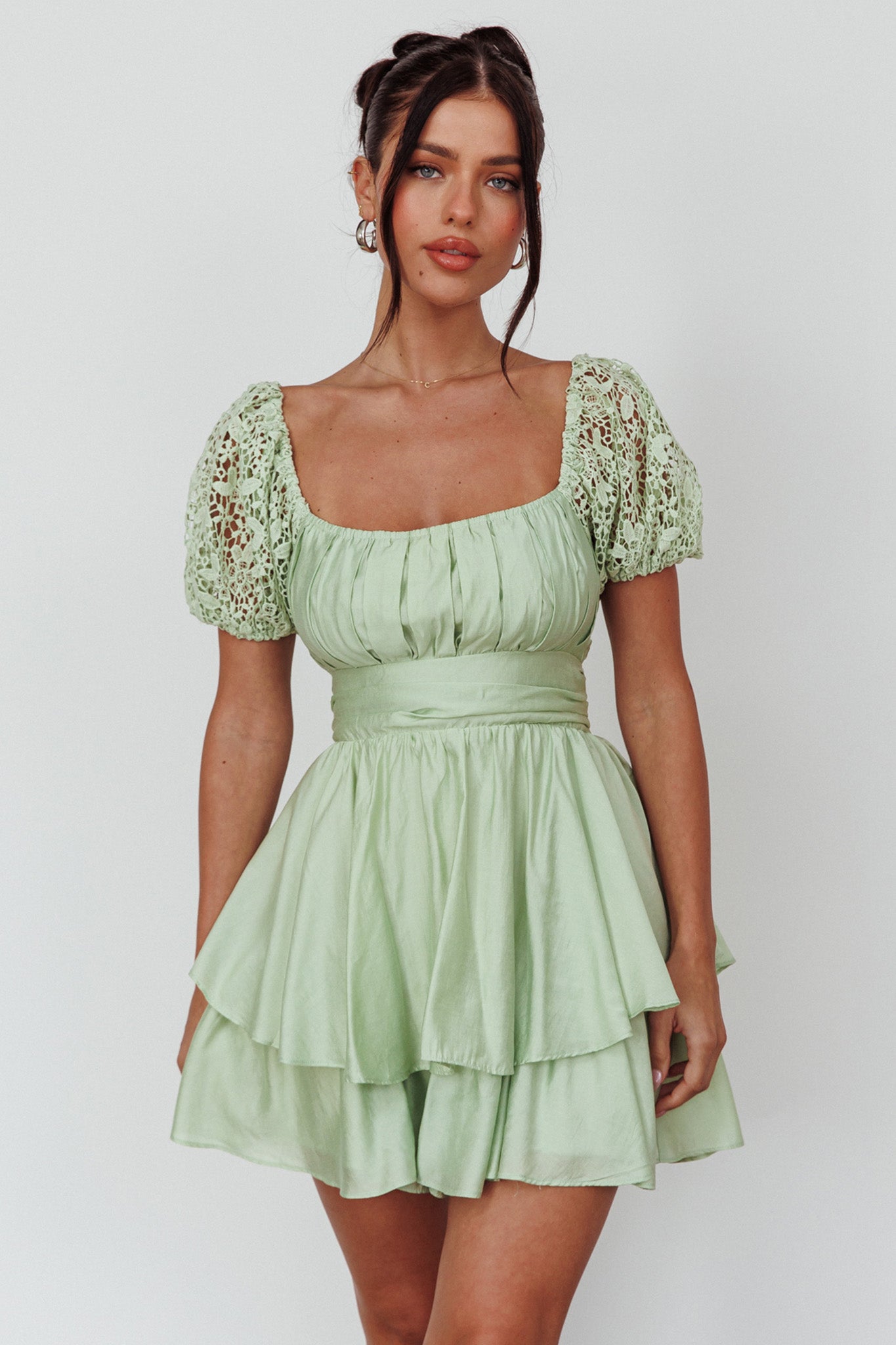 Hold My Halo Lace Sleeve Romper Sage by Selfie Leslie Australia