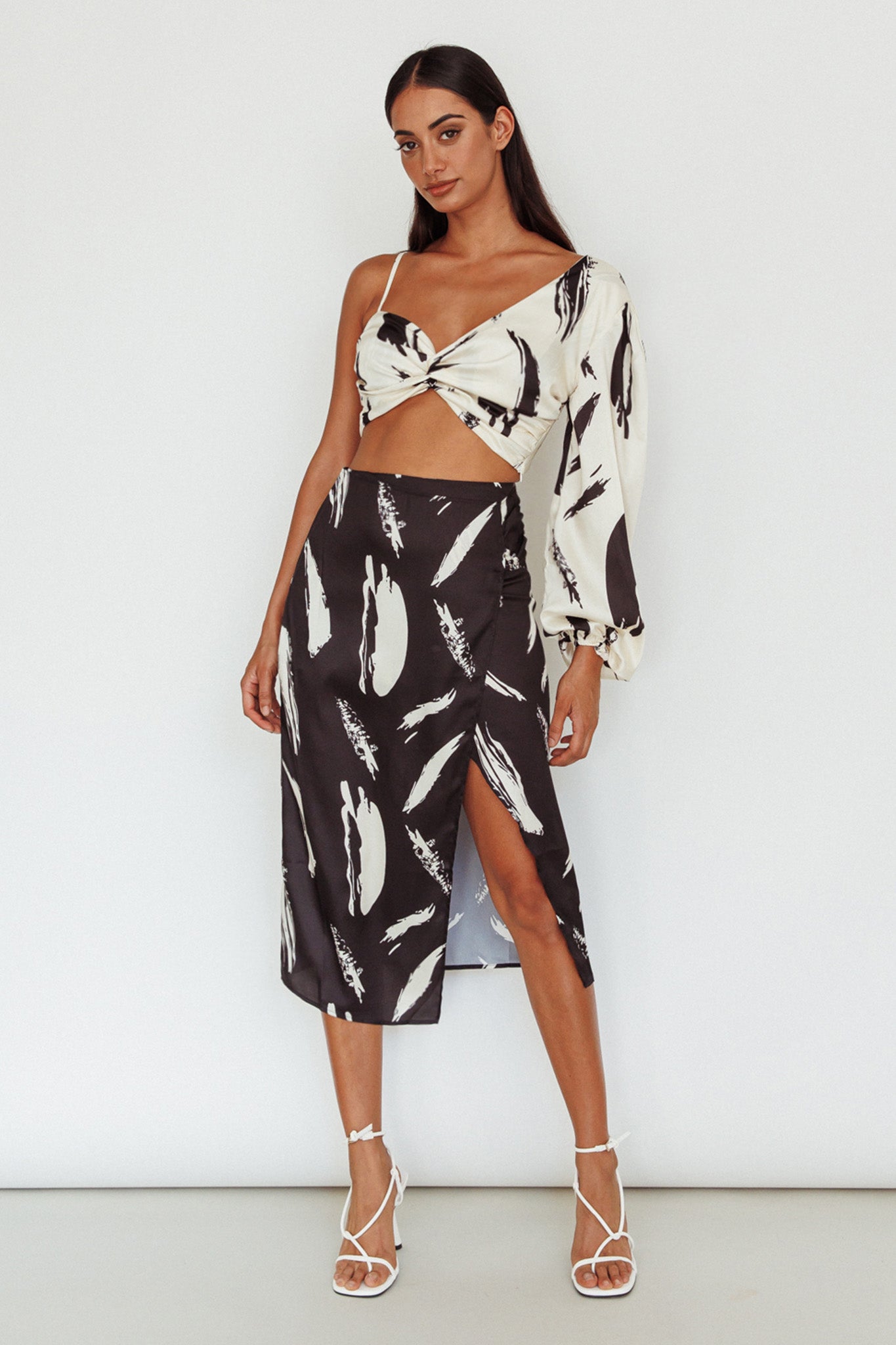 Amina Split Midi Skirt Printed Black by Selfie Leslie Australia