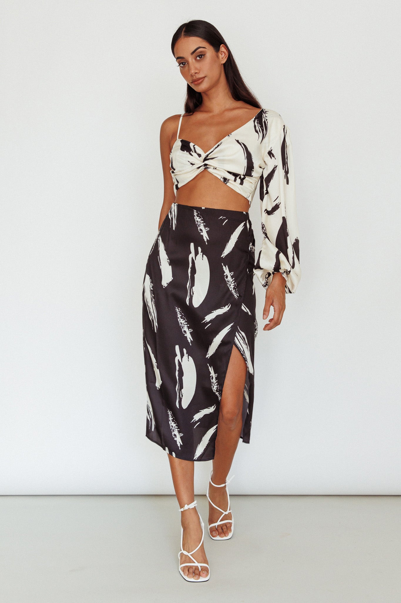 Amina Split Midi Skirt Printed Black by Selfie Leslie Australia