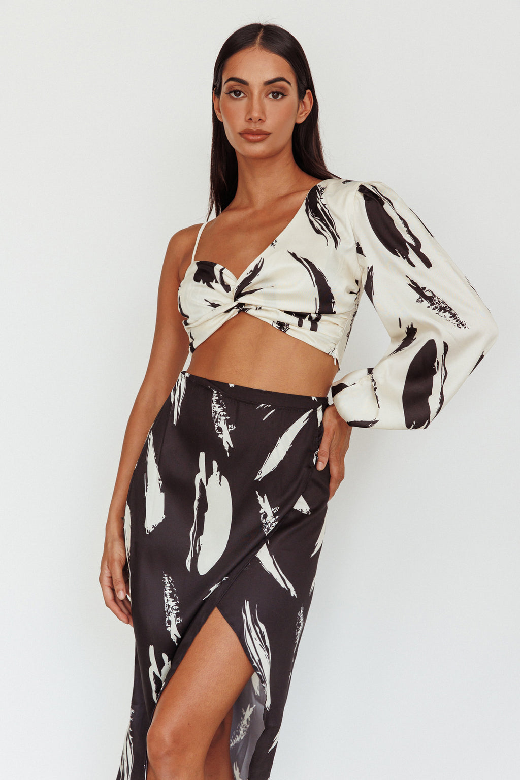 Amina Split Midi Skirt Printed Black by Selfie Leslie Australia