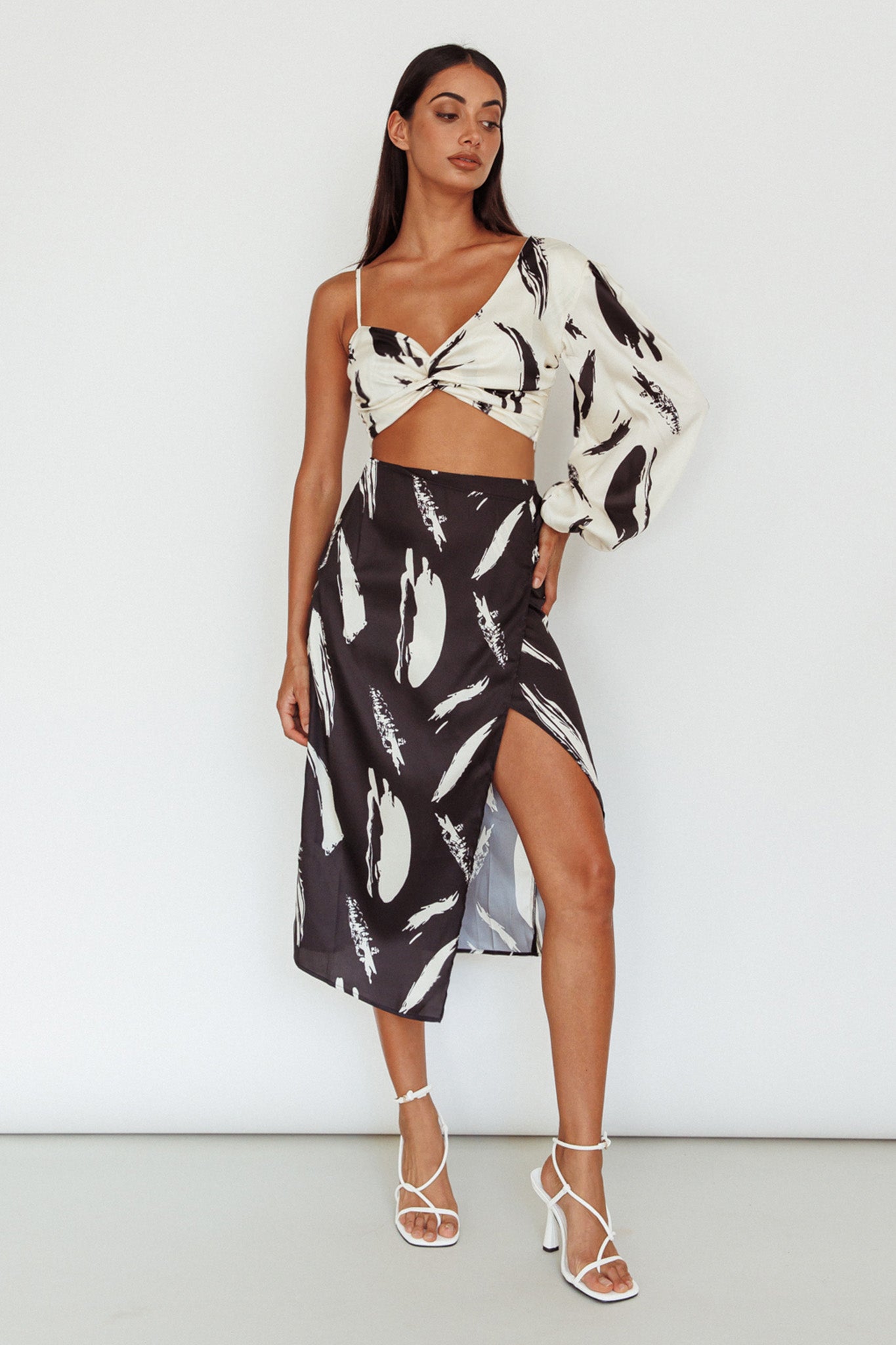 Amina Split Midi Skirt Printed Black by Selfie Leslie Australia