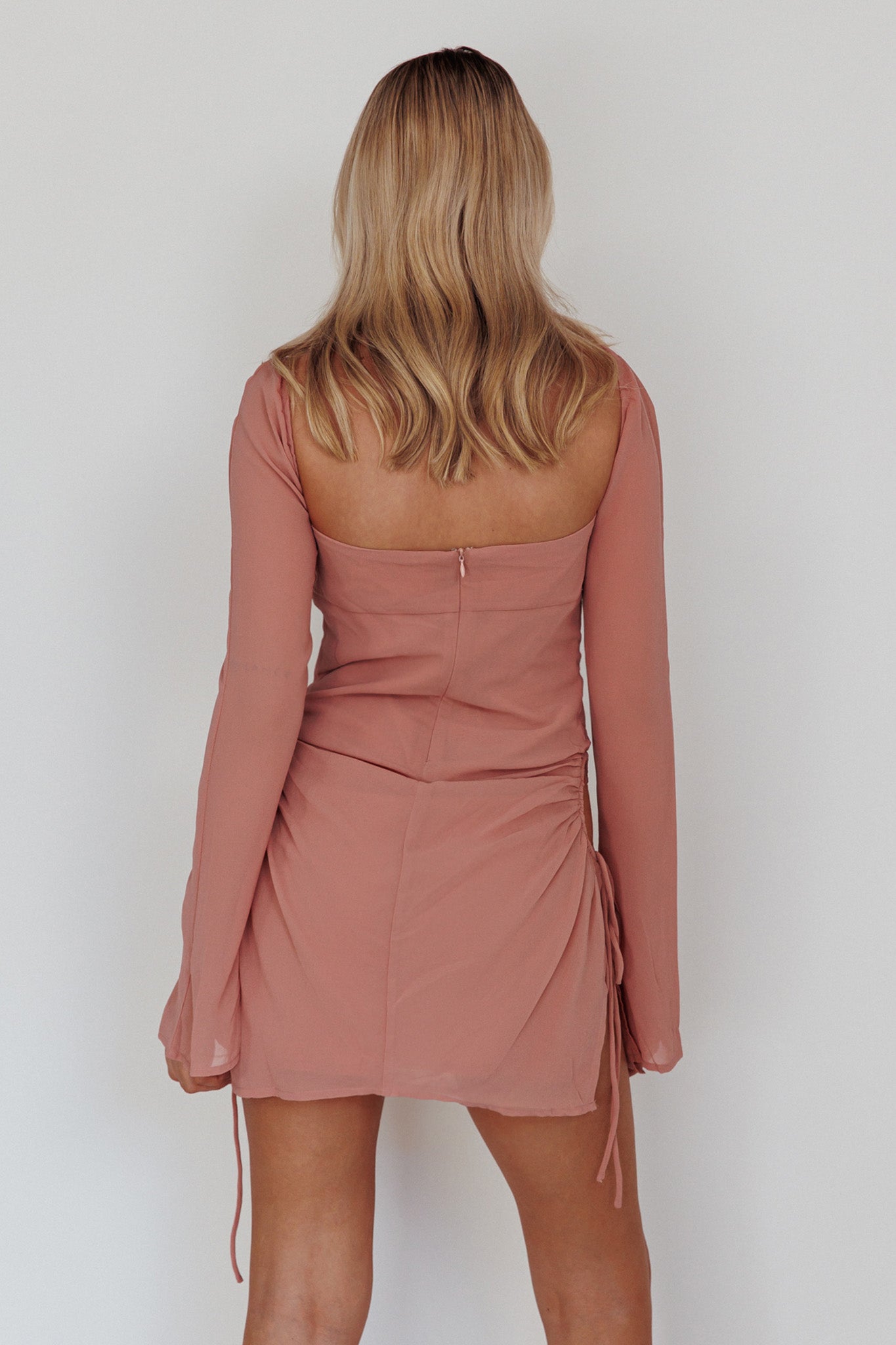Etta Drawstring Long Sleeve Mini Dress Blush by Selfie Leslie Australia