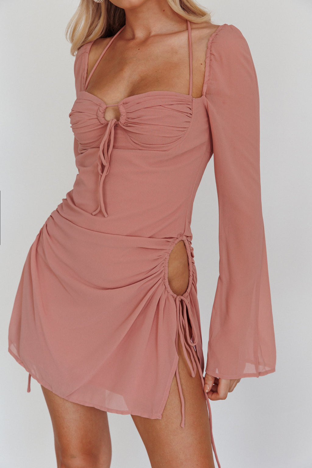 Etta Drawstring Long Sleeve Mini Dress Blush by Selfie Leslie Australia