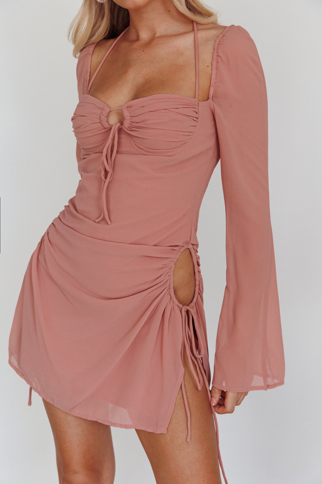 Etta Drawstring Long Sleeve Mini Dress Blush by Selfie Leslie Australia