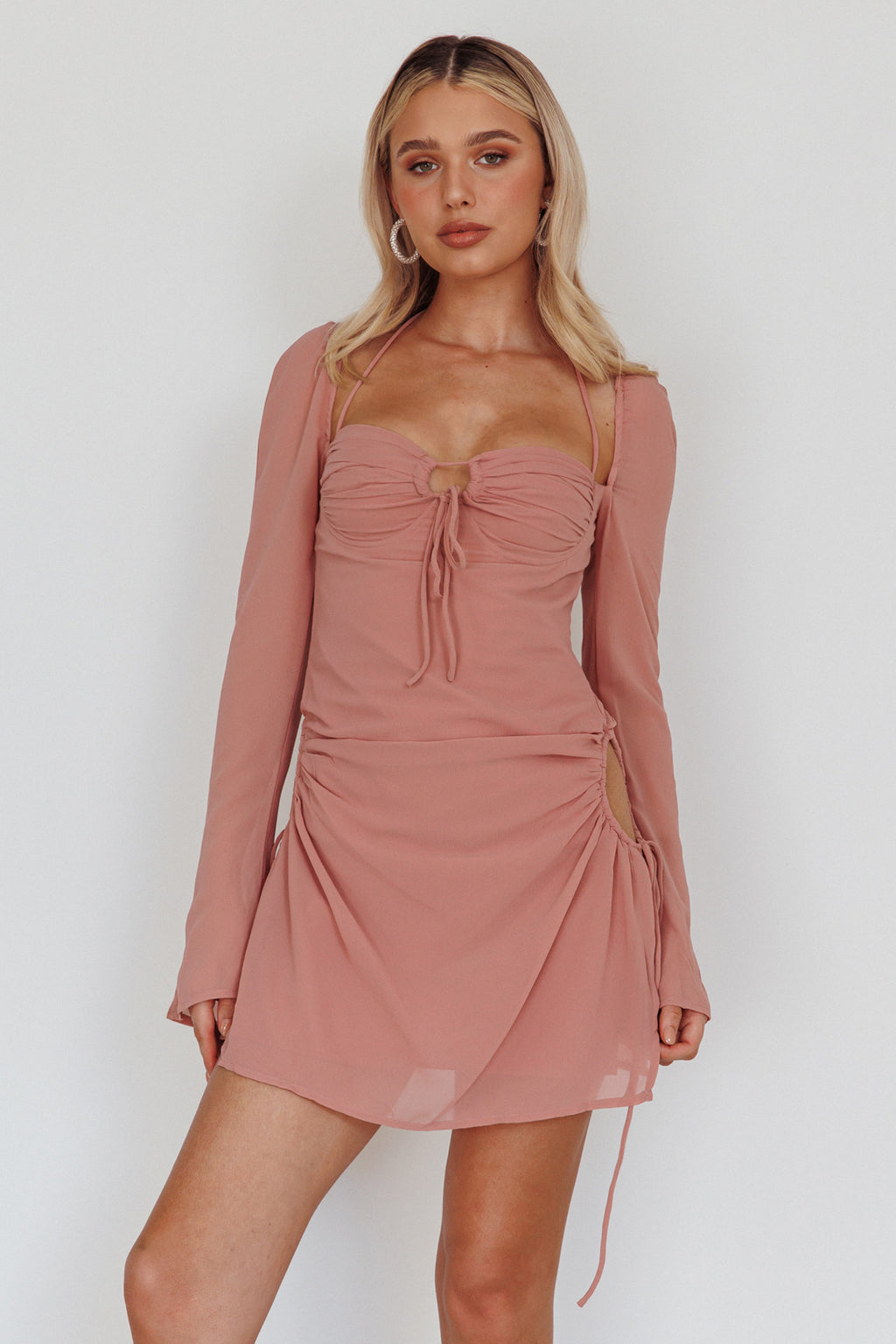 Etta Drawstring Long Sleeve Mini Dress Blush by Selfie Leslie Australia