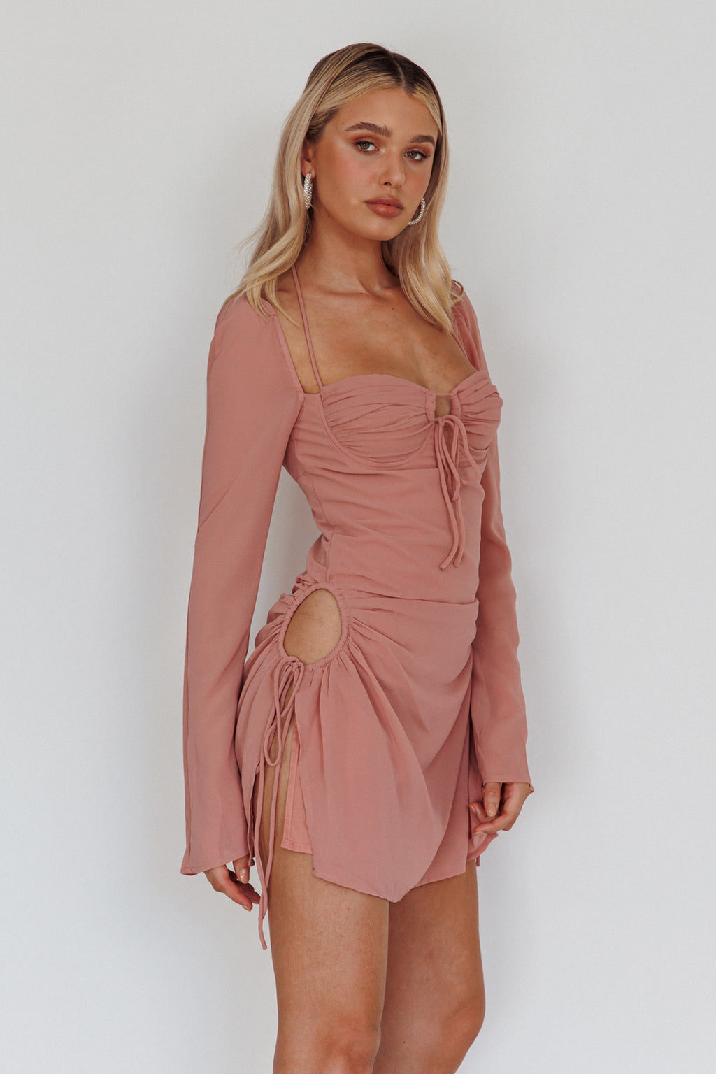 Etta Drawstring Long Sleeve Mini Dress Blush by Selfie Leslie Australia