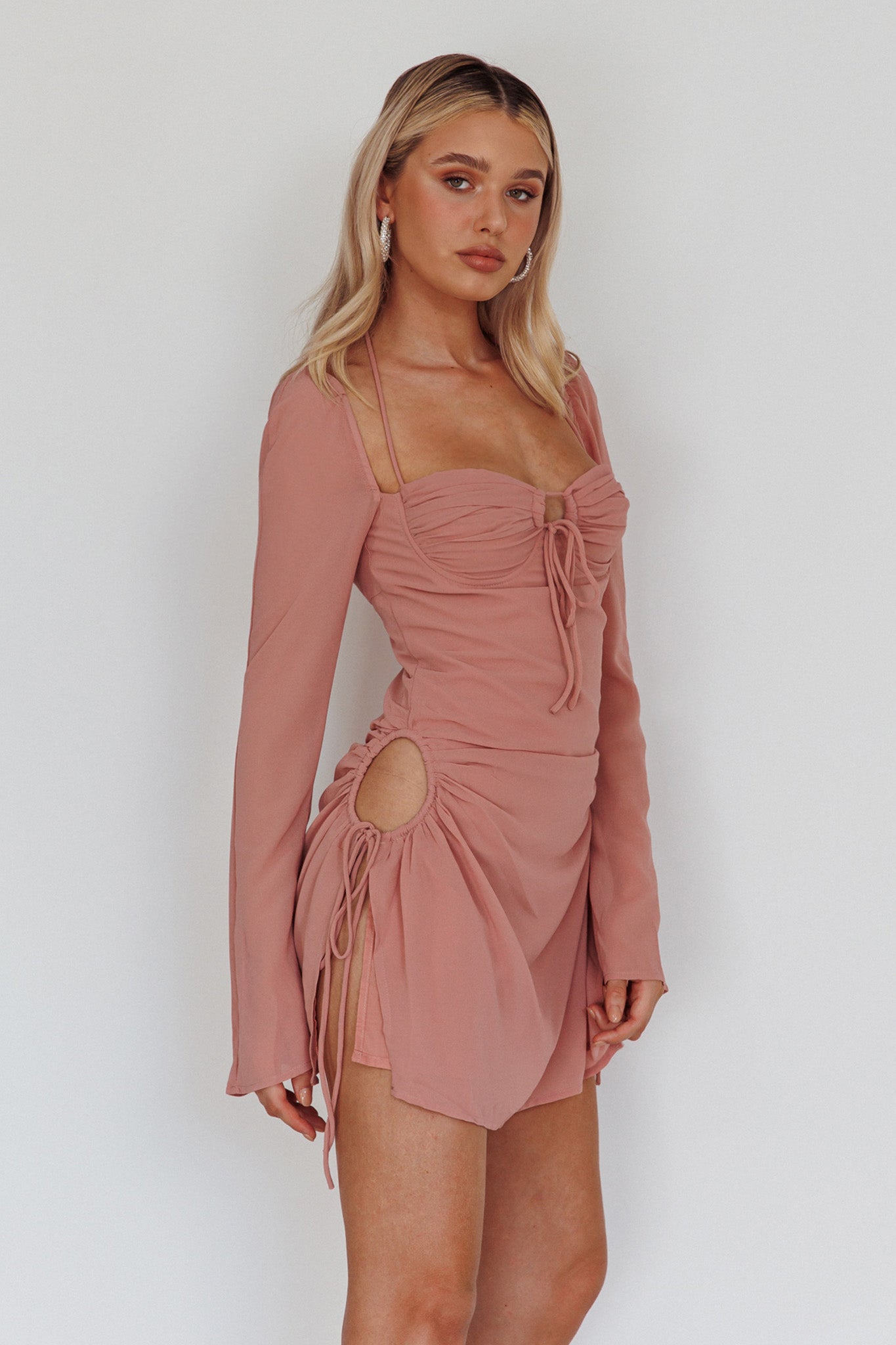Etta Drawstring Long Sleeve Mini Dress Blush by Selfie Leslie Australia