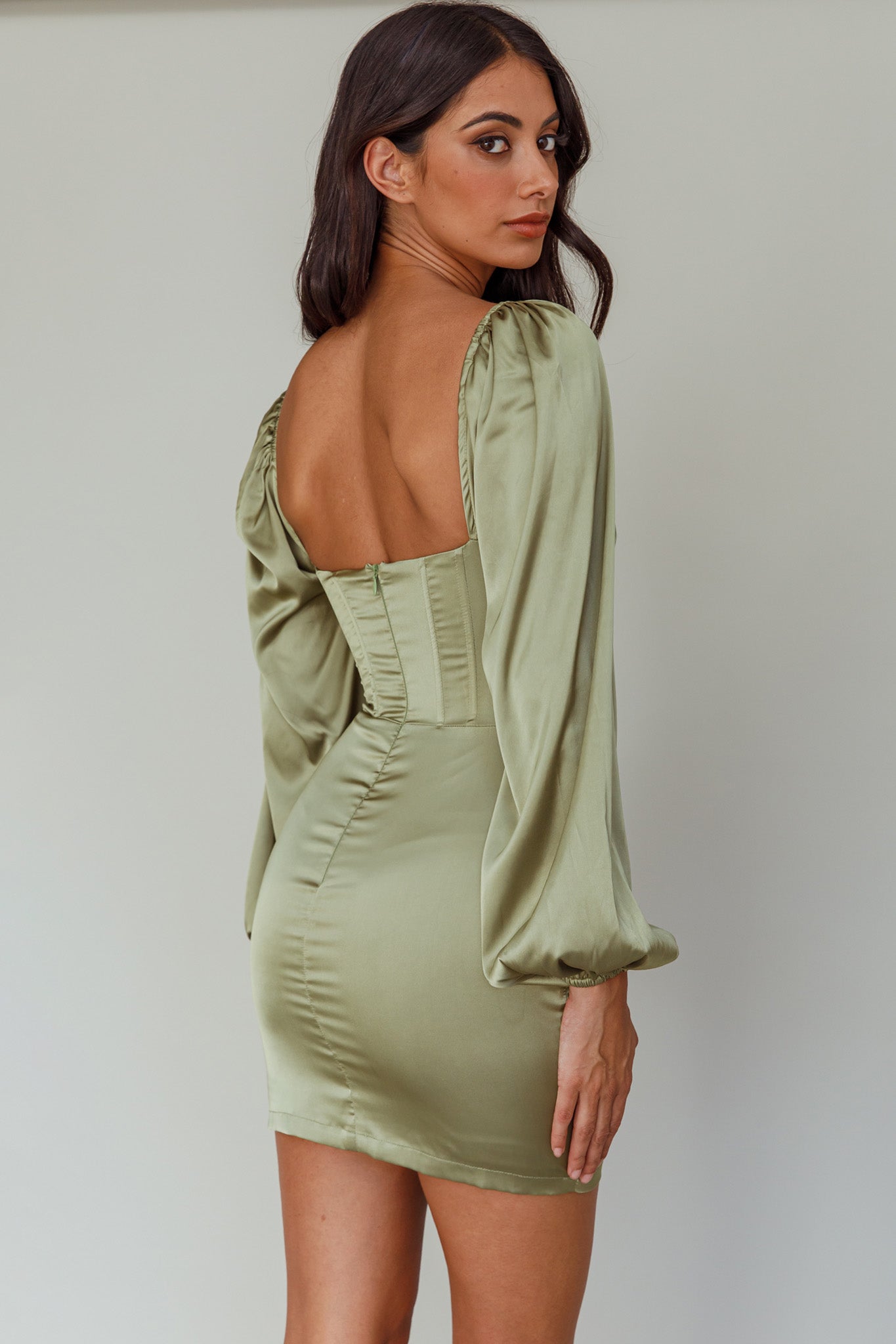 Au Revoir Long Sleeve Satin Mini Dress Sage by Selfie Leslie Australia