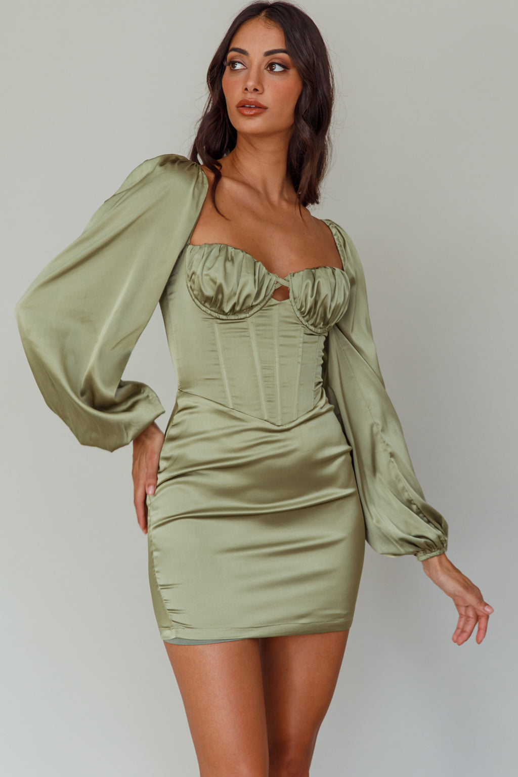 Au Revoir Long Sleeve Satin Mini Dress Sage by Selfie Leslie Australia