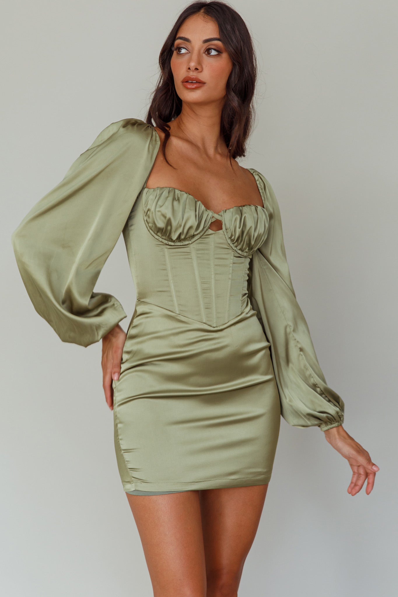 Au Revoir Long Sleeve Satin Mini Dress Sage by Selfie Leslie Australia