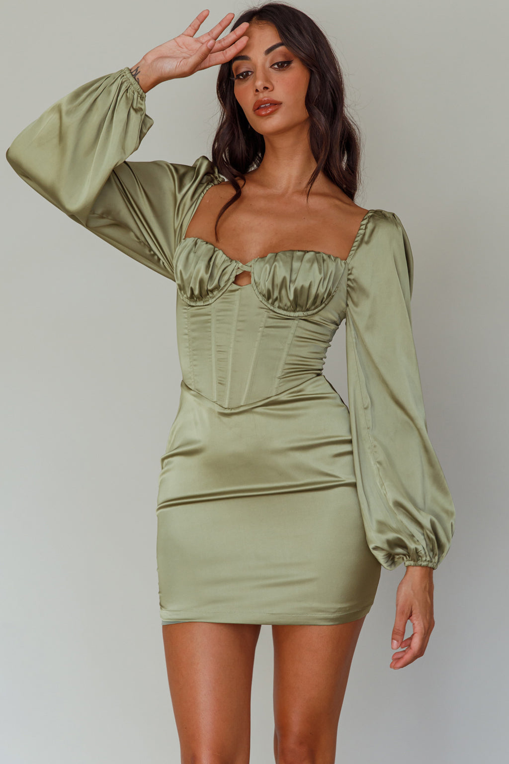 Au Revoir Long Sleeve Satin Mini Dress Sage by Selfie Leslie Australia