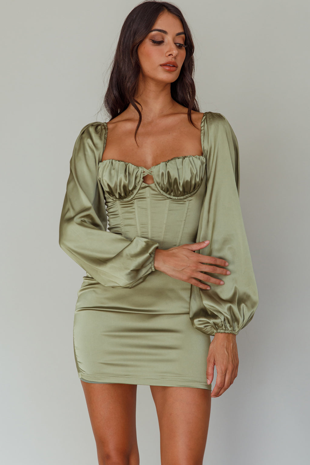 Au Revoir Long Sleeve Satin Mini Dress Sage by Selfie Leslie Australia