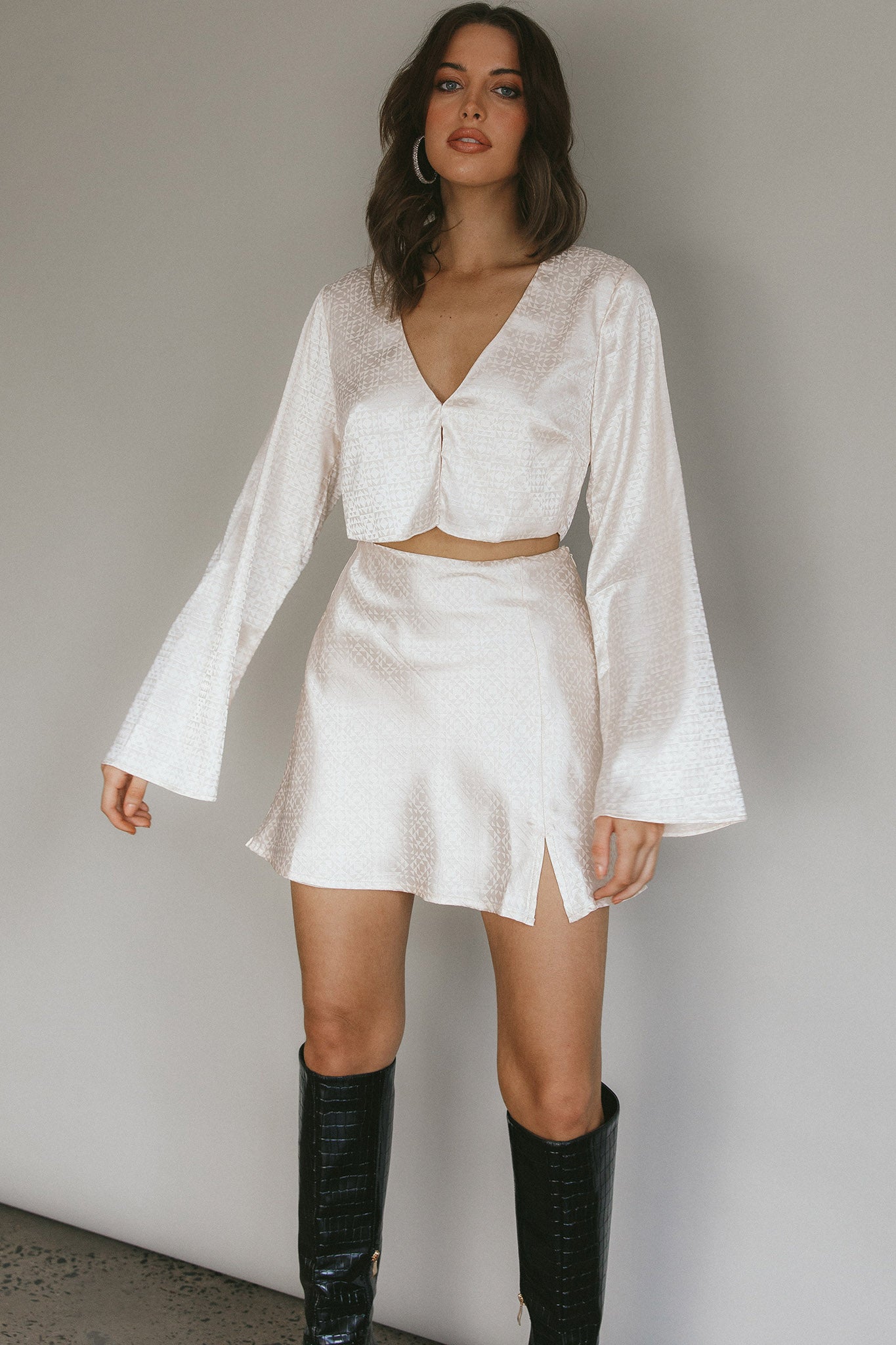 Winona Satin Jacquard Mini Skirt Cream by Selfie Leslie