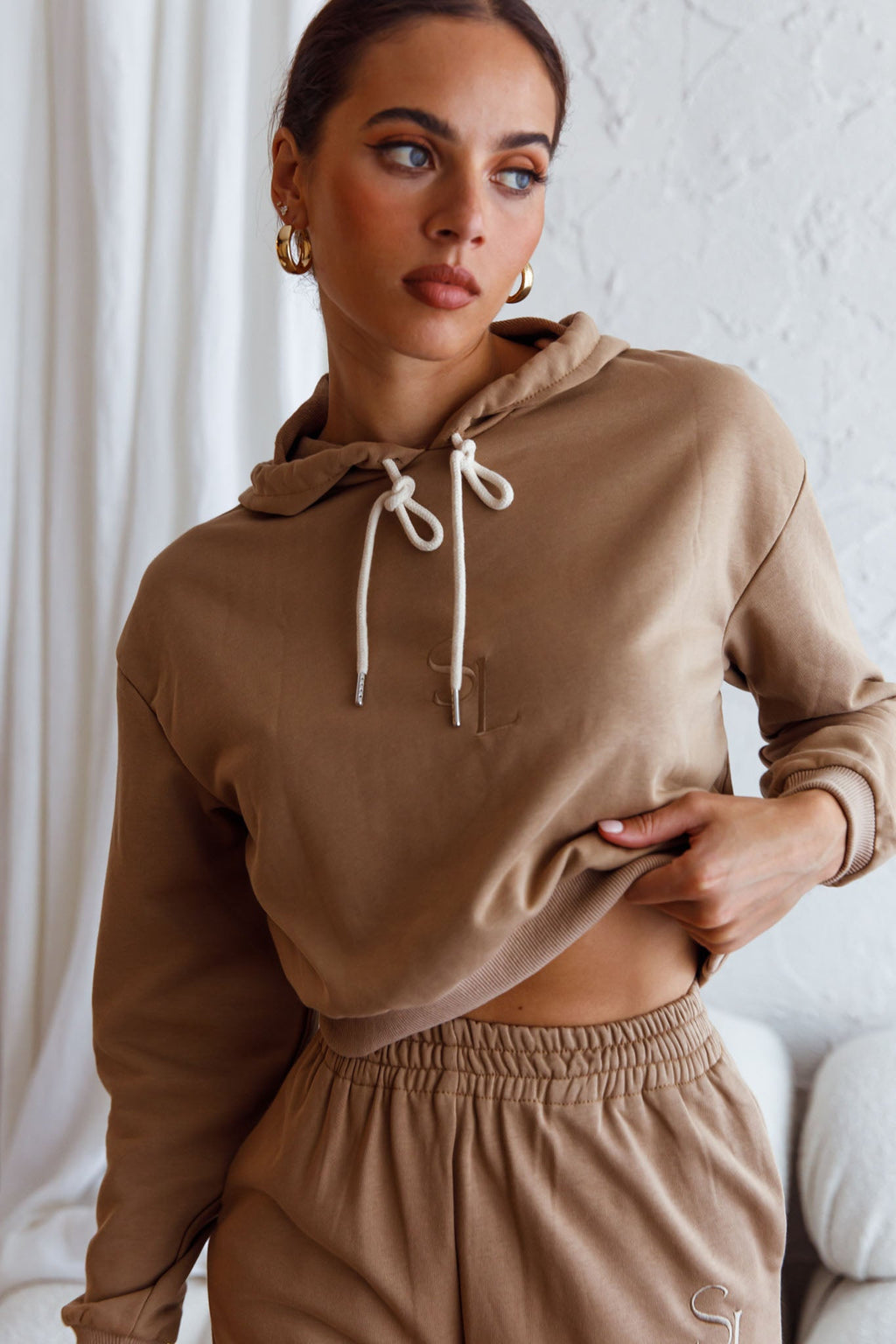 Glow Getter Drawstring Hood Embroidery Logo Hoodie Beige by Selfie Leslie