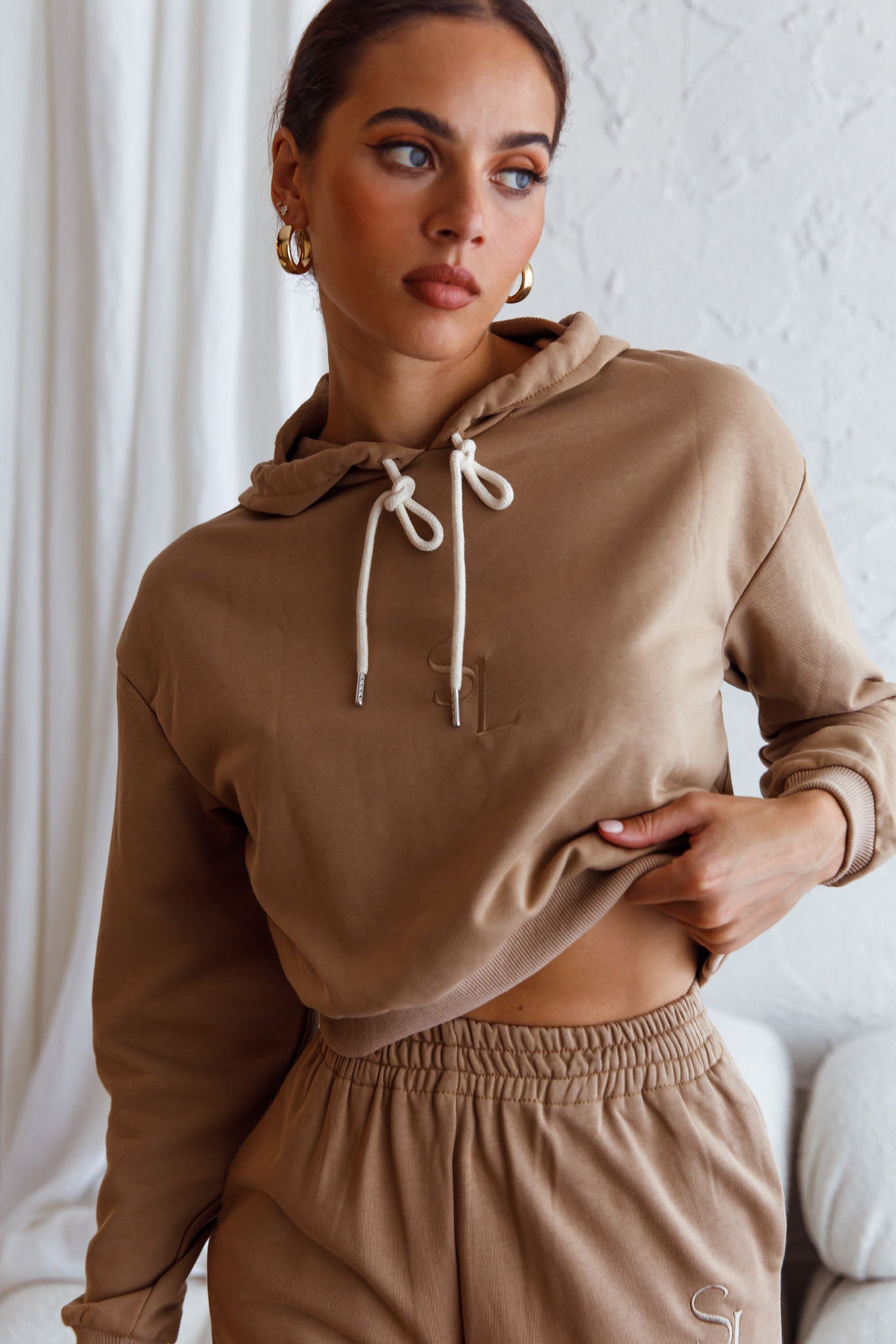 Glow Getter Drawstring Hood Embroidery Logo Hoodie Beige by Selfie Leslie