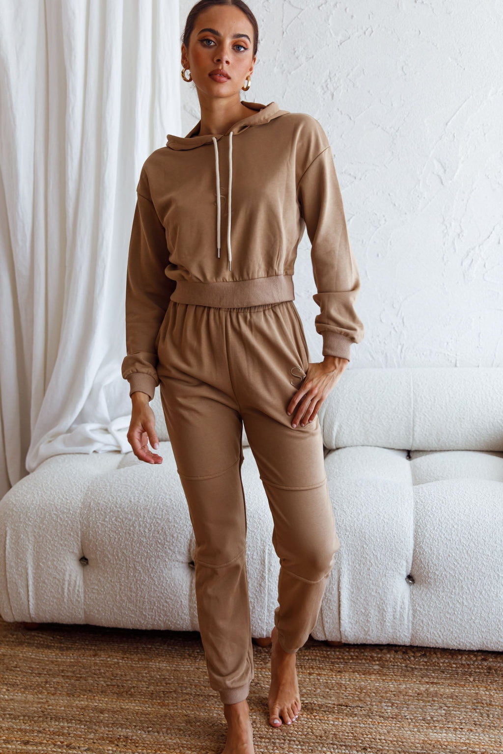 Glow Getter Drawstring Hood Embroidery Logo Hoodie Beige by Selfie Leslie