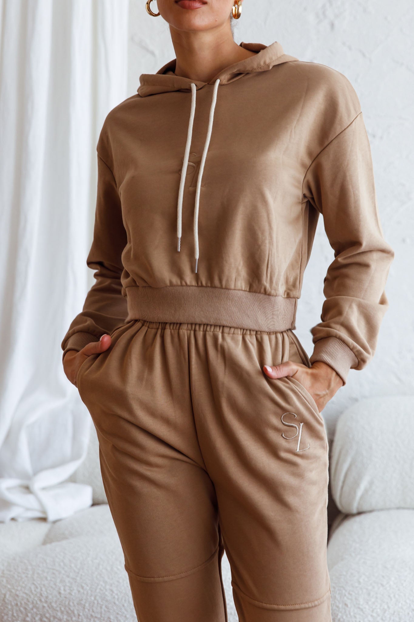 Glow Getter Drawstring Hood Embroidery Logo Hoodie Beige by Selfie Leslie