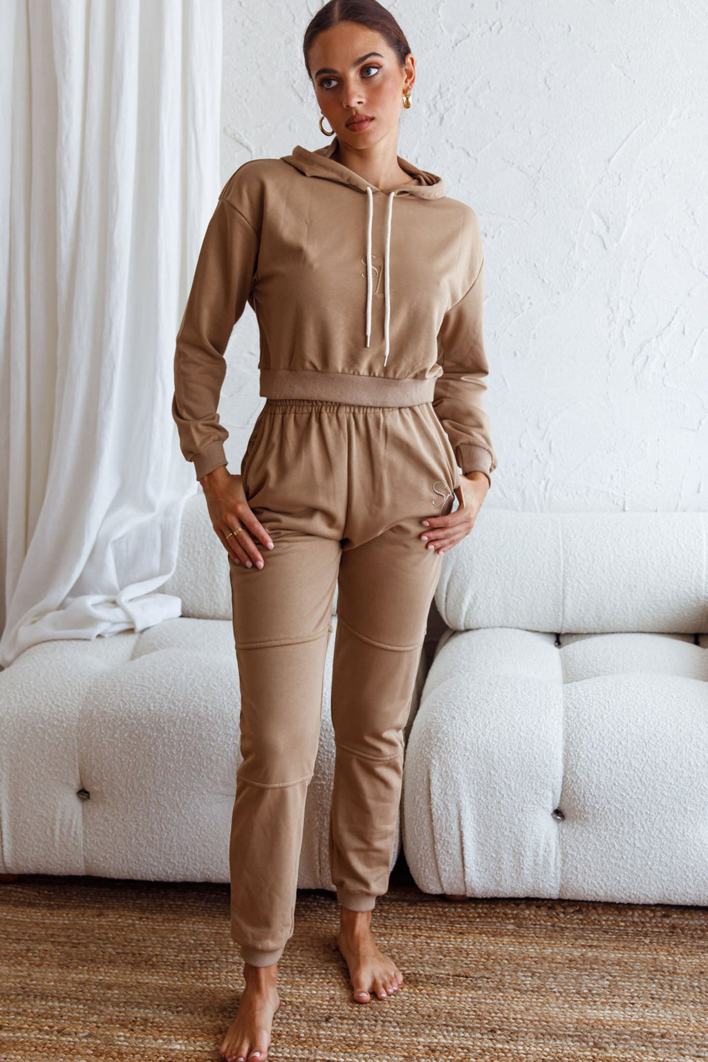 Glow Getter Drawstring Hood Embroidery Logo Hoodie Beige by Selfie Leslie