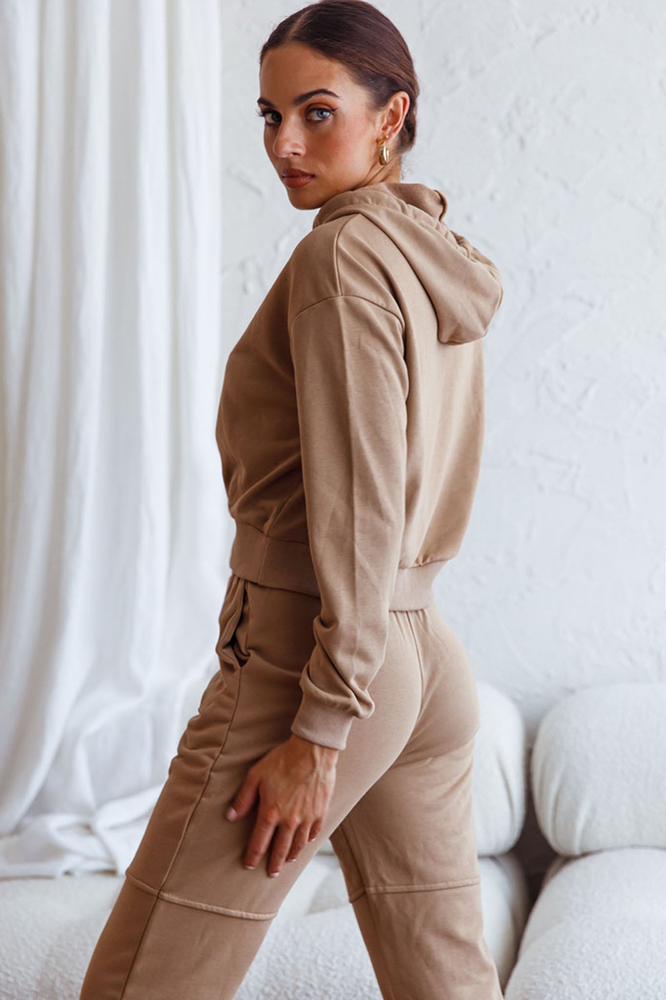 Glow Getter Drawstring Hood Embroidery Logo Hoodie Beige by Selfie Leslie