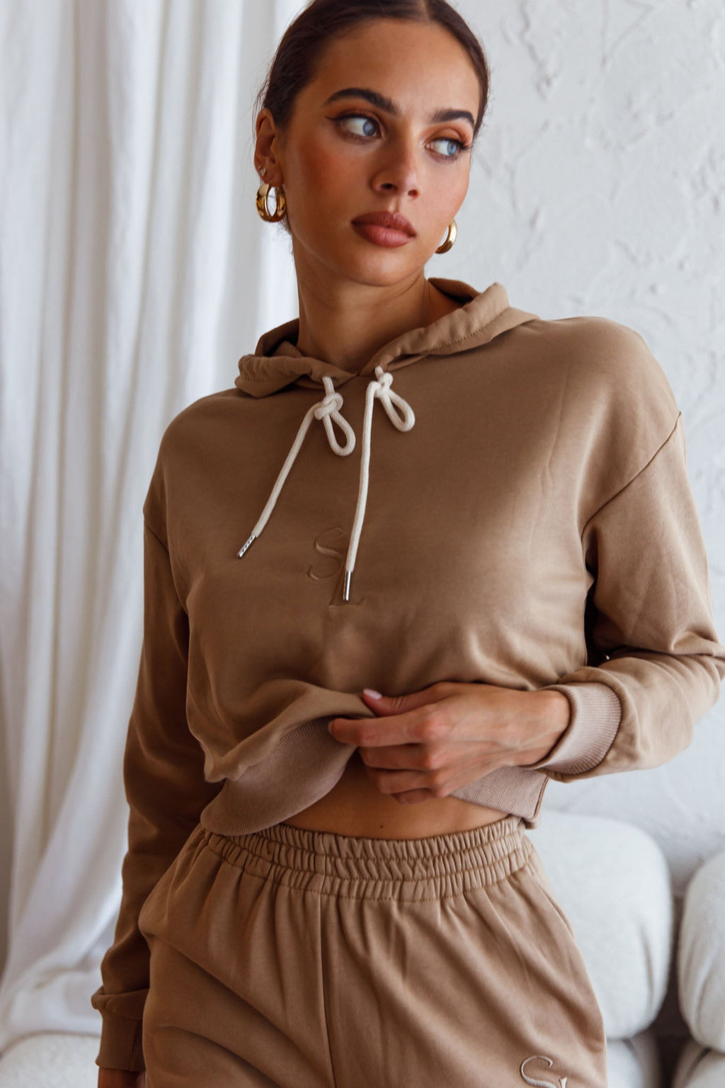 Glow Getter Drawstring Hood Embroidery Logo Hoodie Beige by Selfie Leslie