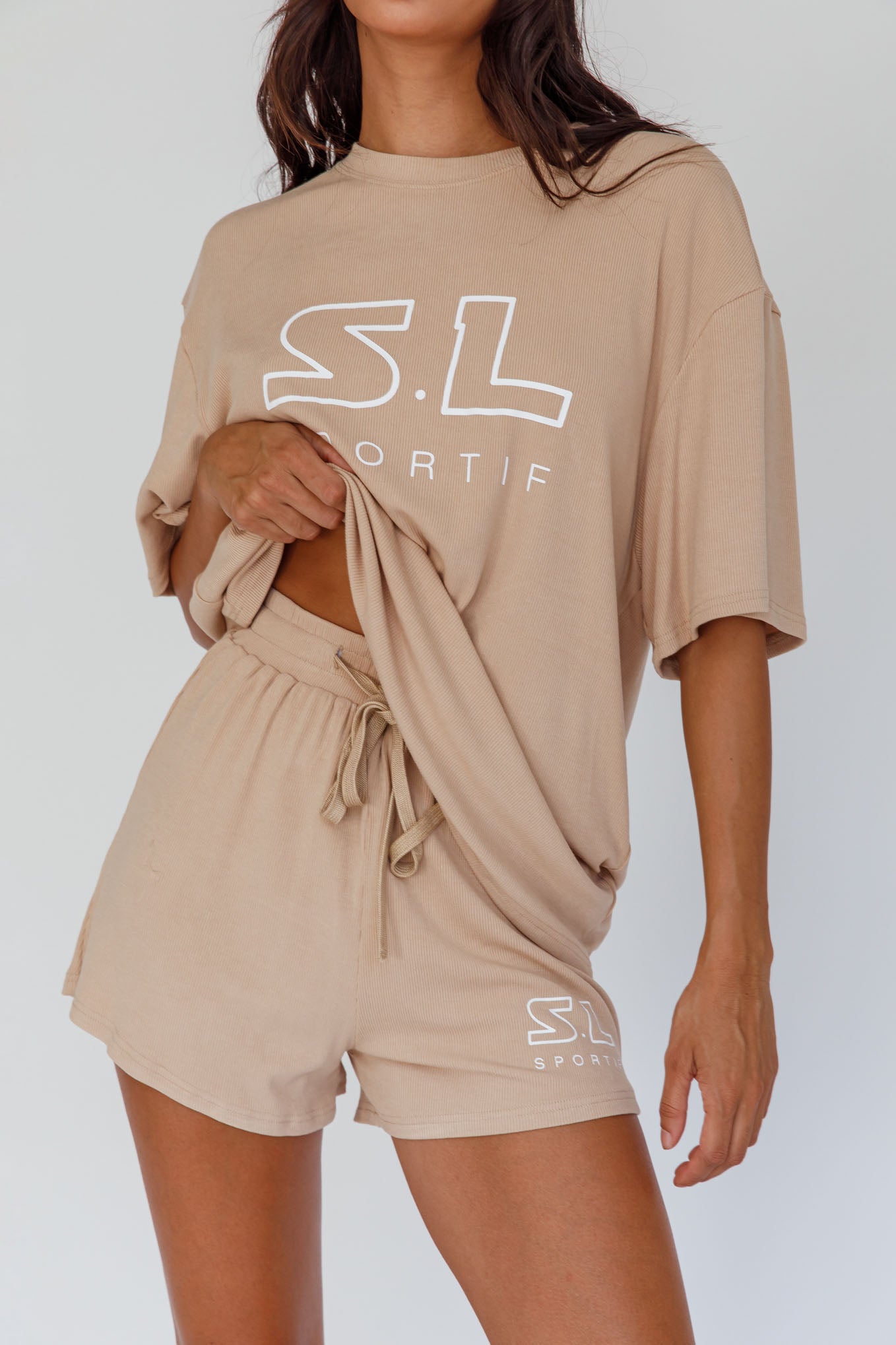 On Track SL Logo Shorts Camel by Selfie Leslie Australia