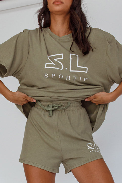 On Track SL Logo Shorts Khaki by Selfie Leslie Australia