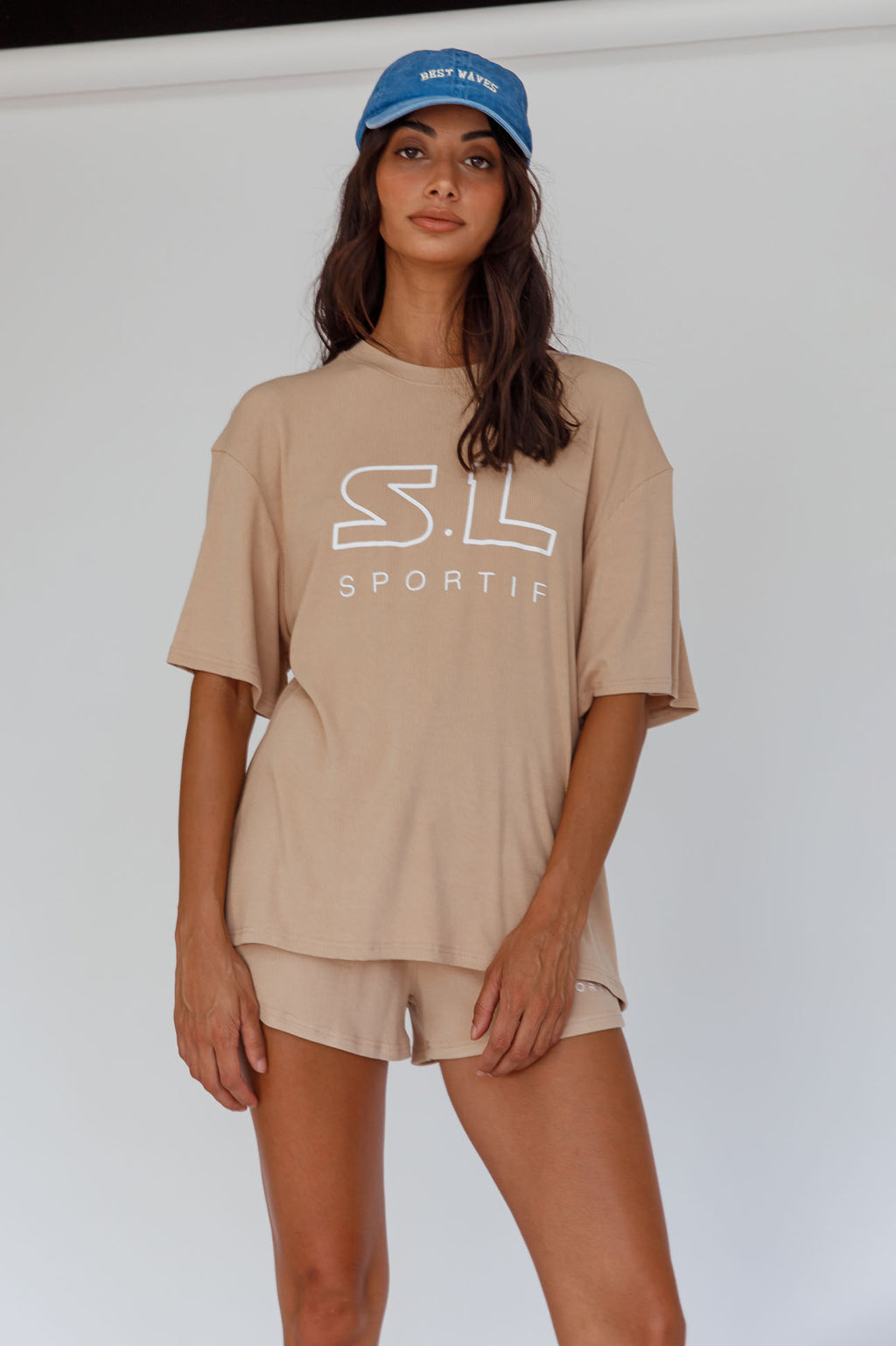 On Track SL Logo T-Shirt Camel by Selfie Leslie Australia