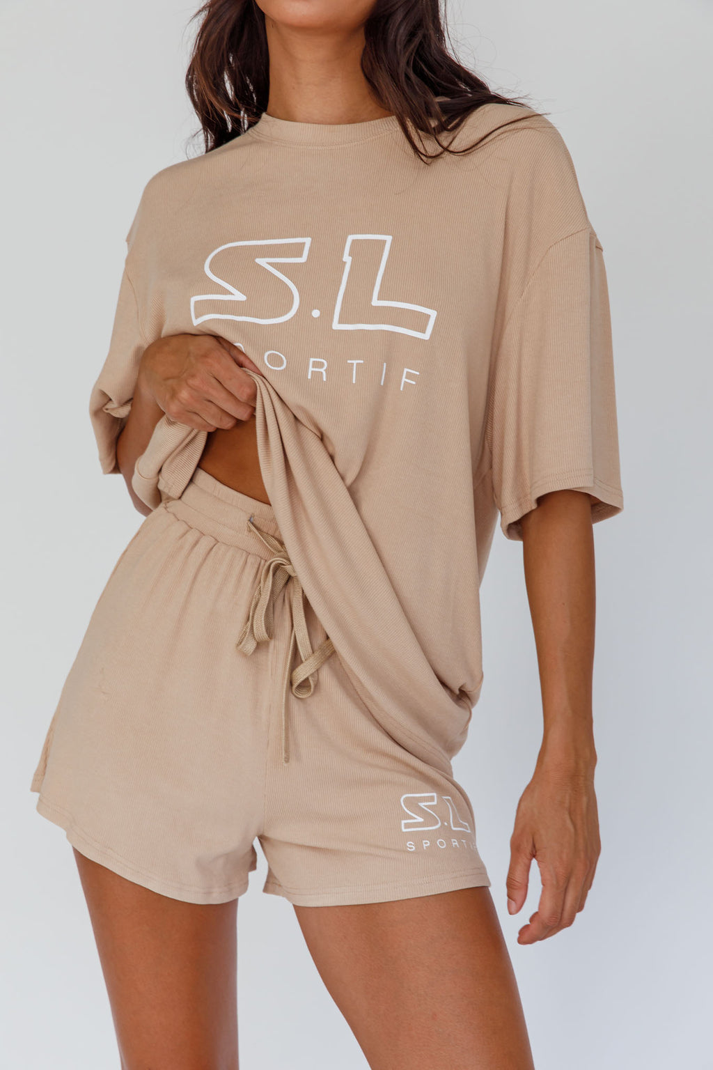 On Track SL Logo T-Shirt Camel by Selfie Leslie Australia