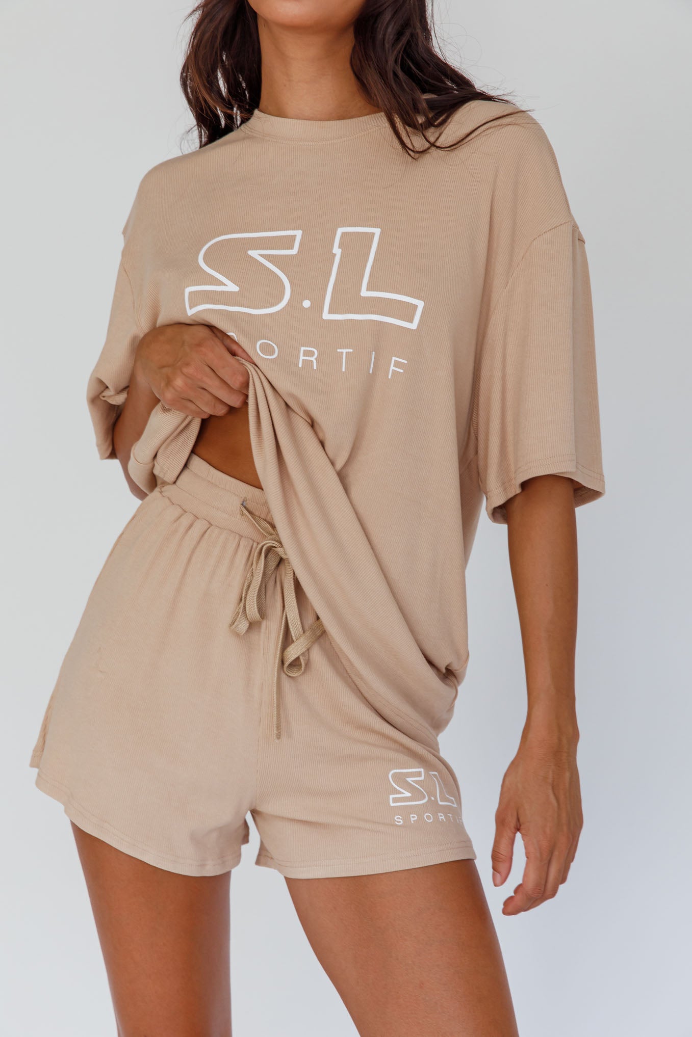 On Track SL Logo T-Shirt Camel by Selfie Leslie Australia