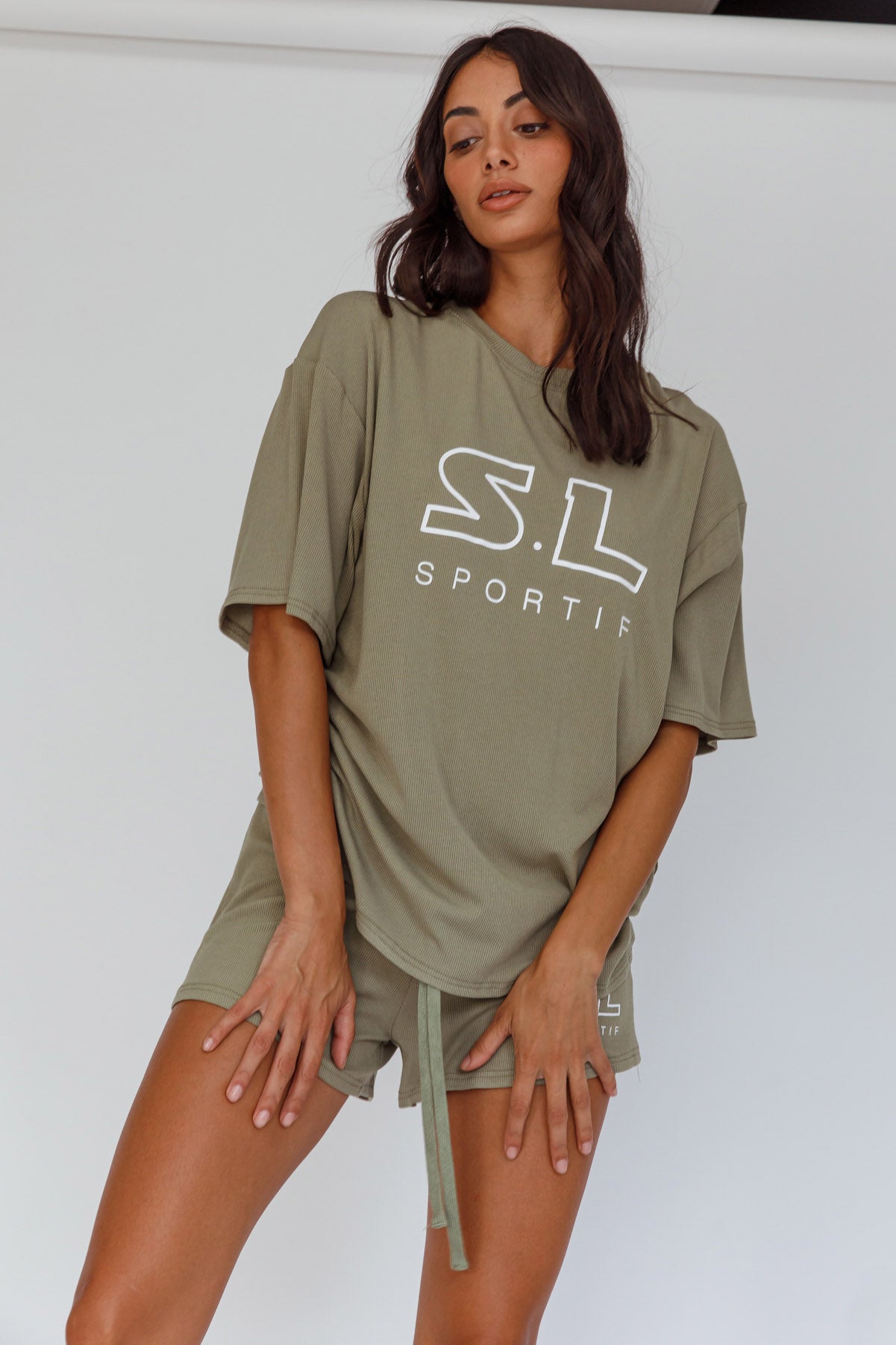 On Track SL Logo T-Shirt Khaki by Selfie Leslie Australia