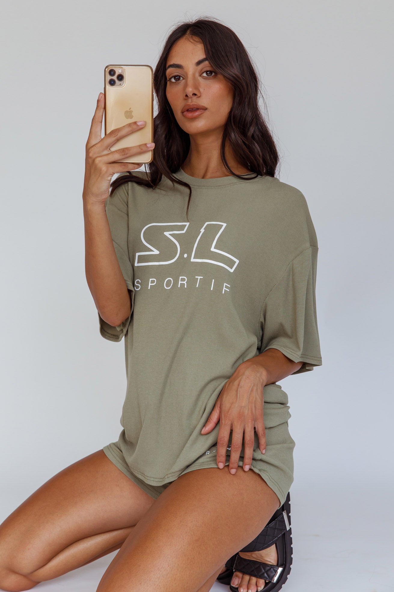 On Track SL Logo T-Shirt Khaki by Selfie Leslie Australia