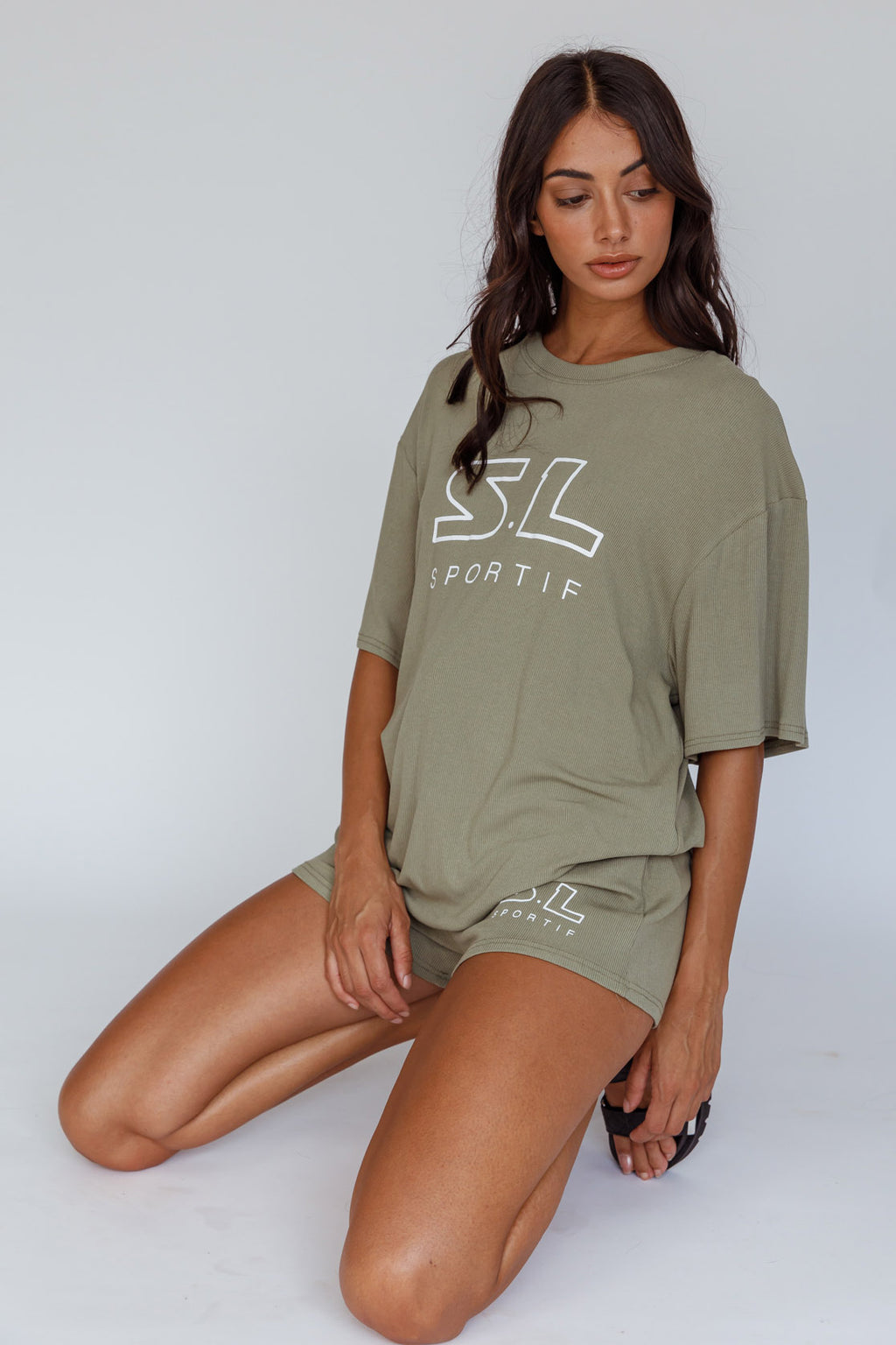 On Track SL Logo T-Shirt Khaki by Selfie Leslie Australia